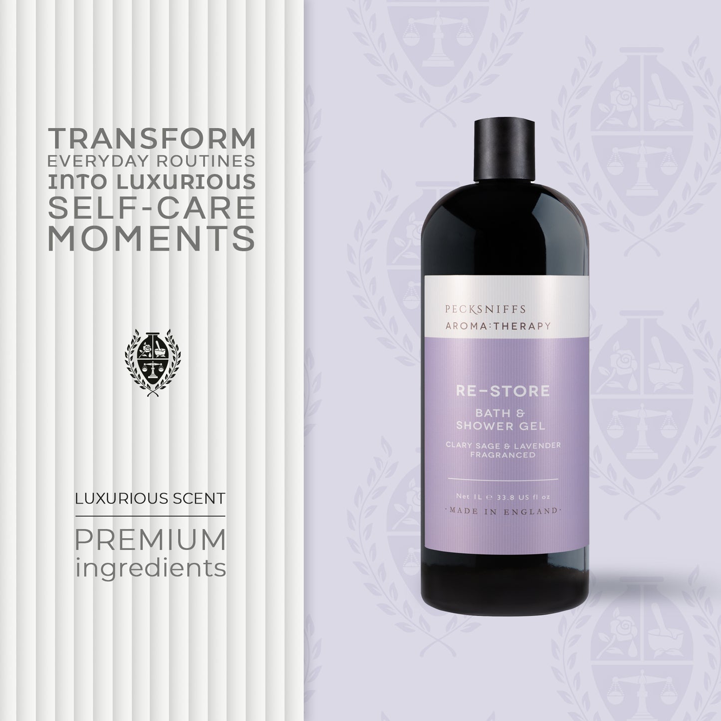 Pecksniff's Aroma:Therapy Re-Store Shower Gel – Luxurious Moisturizing Bath & Body Cleanser, 1000 ml/33.8 fl oz Bottle