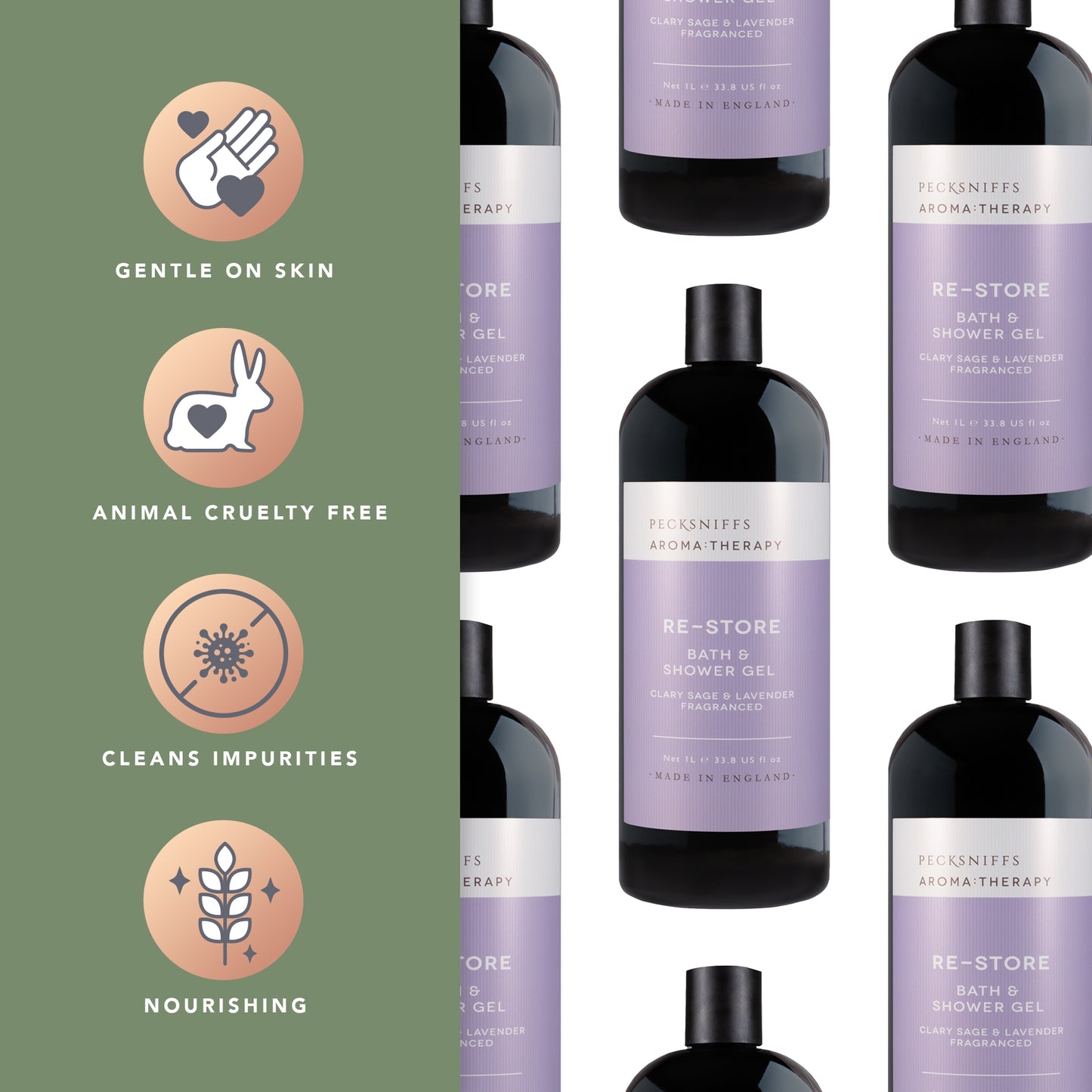 Pecksniff's Aroma:Therapy Re-Store Shower Gel – Luxurious Moisturizing Bath & Body Cleanser, 1000 ml/33.8 fl oz Bottle