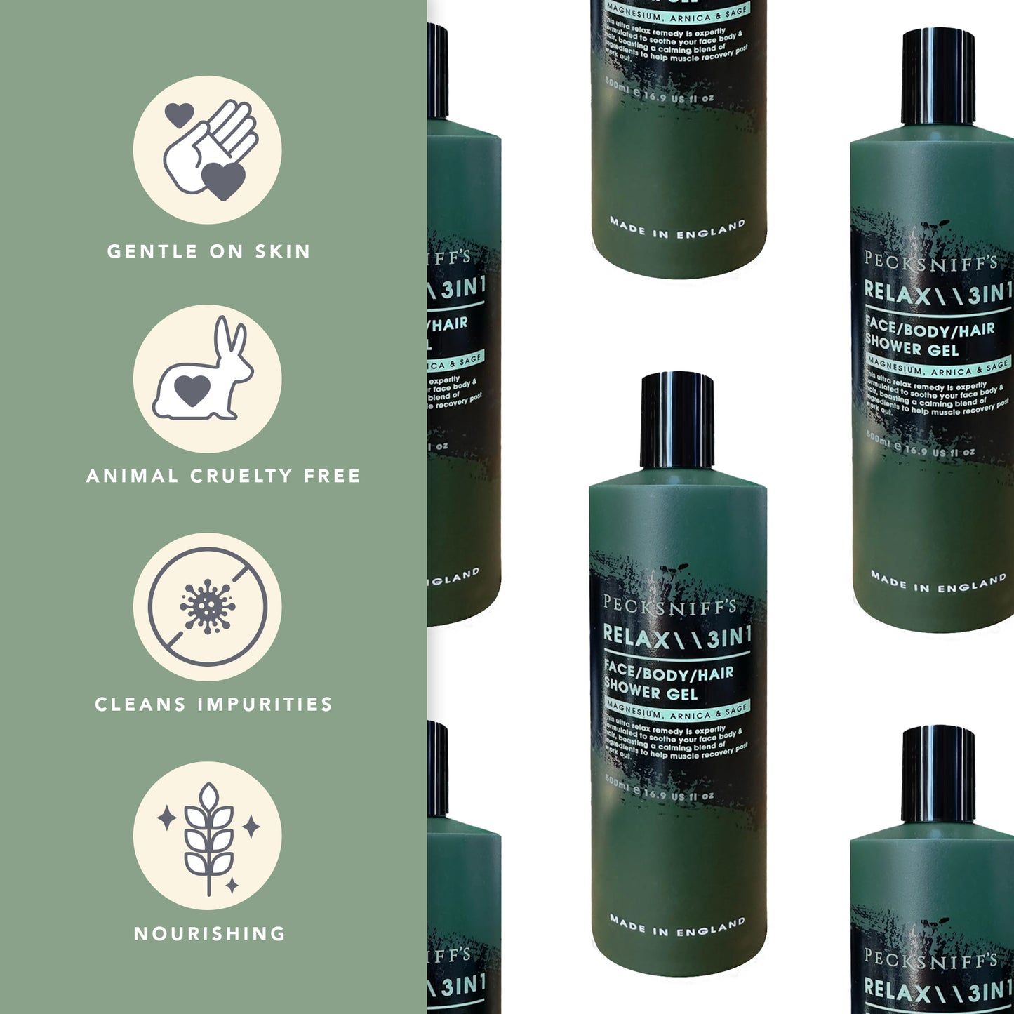 Pecksniff's Relax Magnesium 3-in-1 Arnica & Sage Shower Gel | 500ml /16.9 Fl Oz