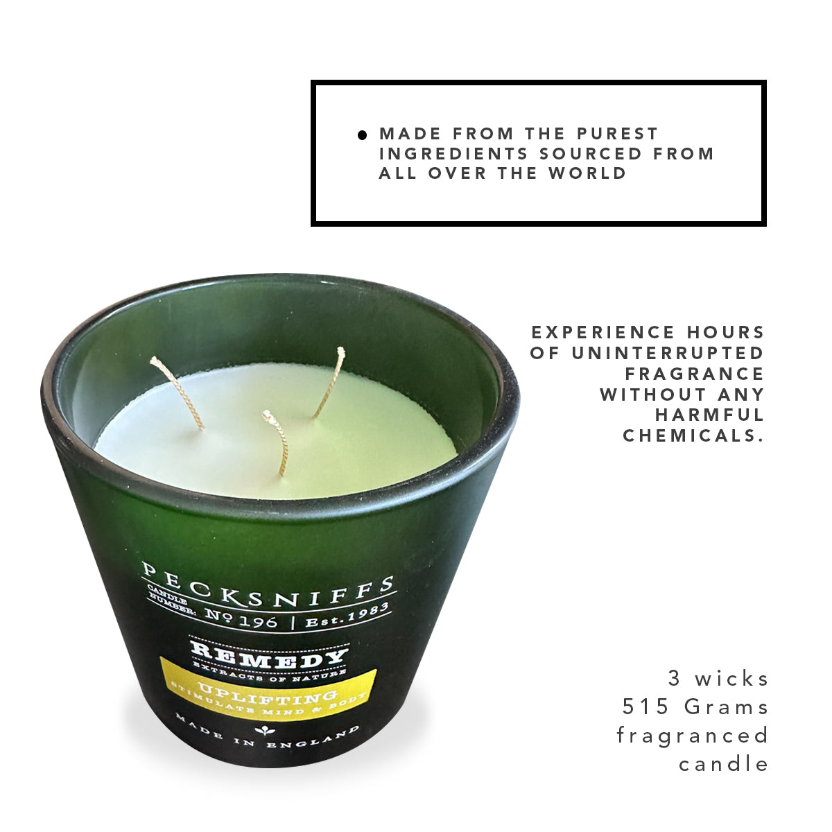Pecksniffs Remedy Green Tall Uplifting Candle | 3 Wicks, 515g /18.16oz