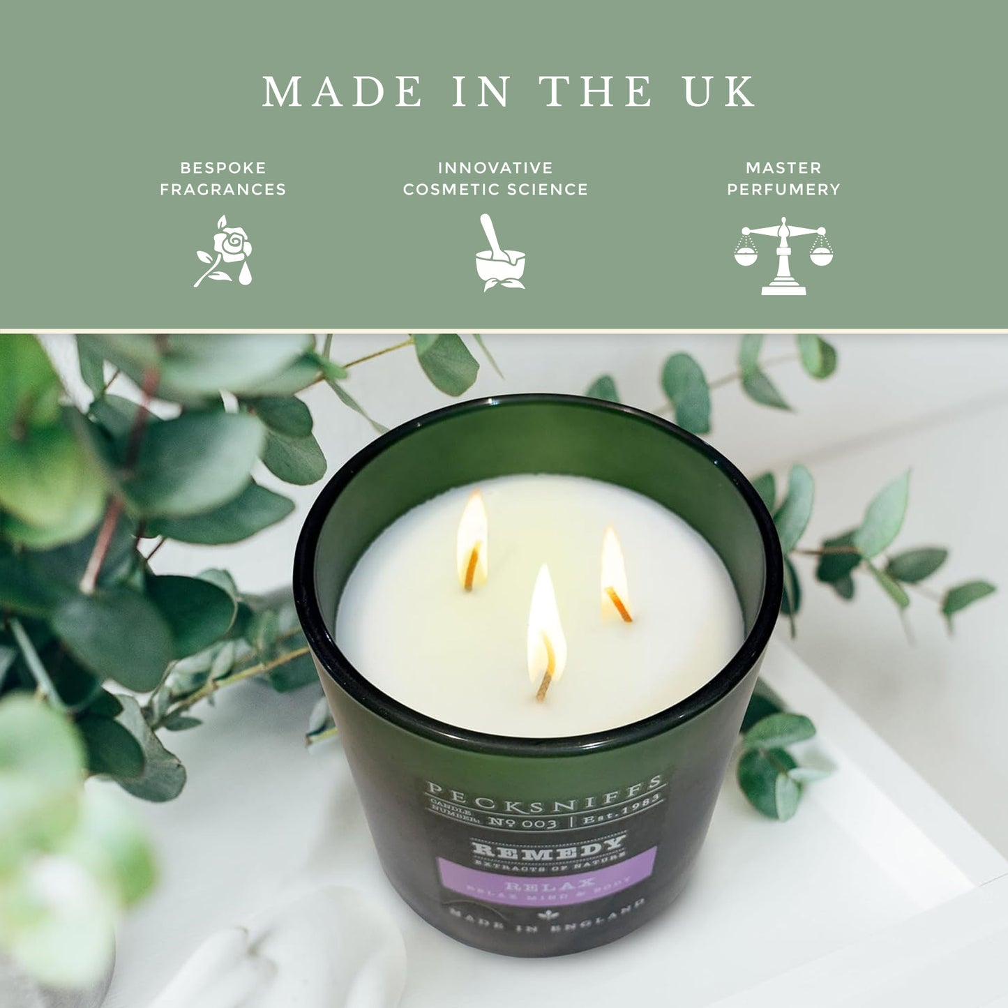 Pecksniffs Remedy Green Tall Relax Candle | 3 Wicks, 550g /19.4 oz