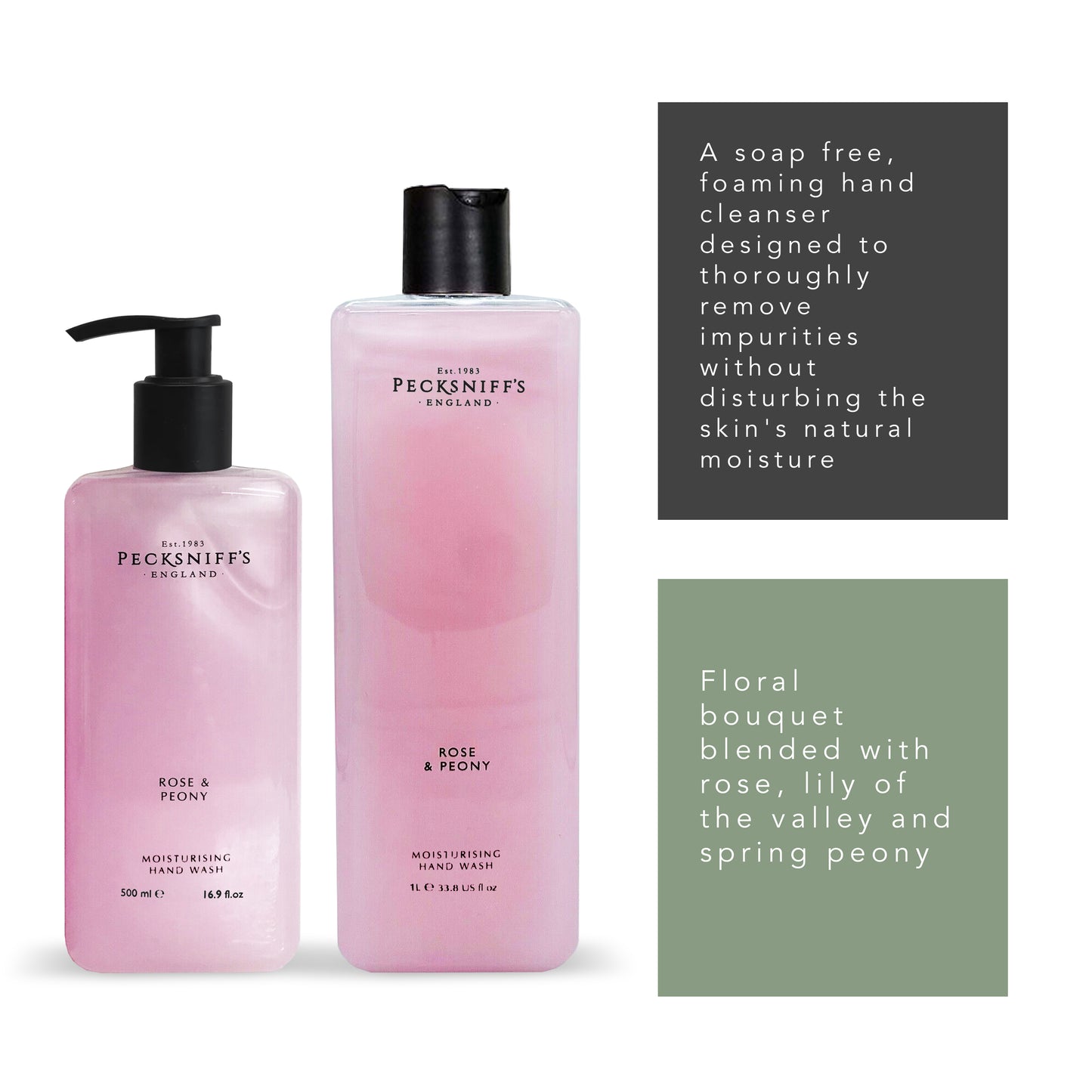 Pecksniffs Classic Rose & Peony Moisturizing Hand Wash 500ml/16.9 Fl oz and Hand Wash Refill 1L/1000ml,33.8 Oz