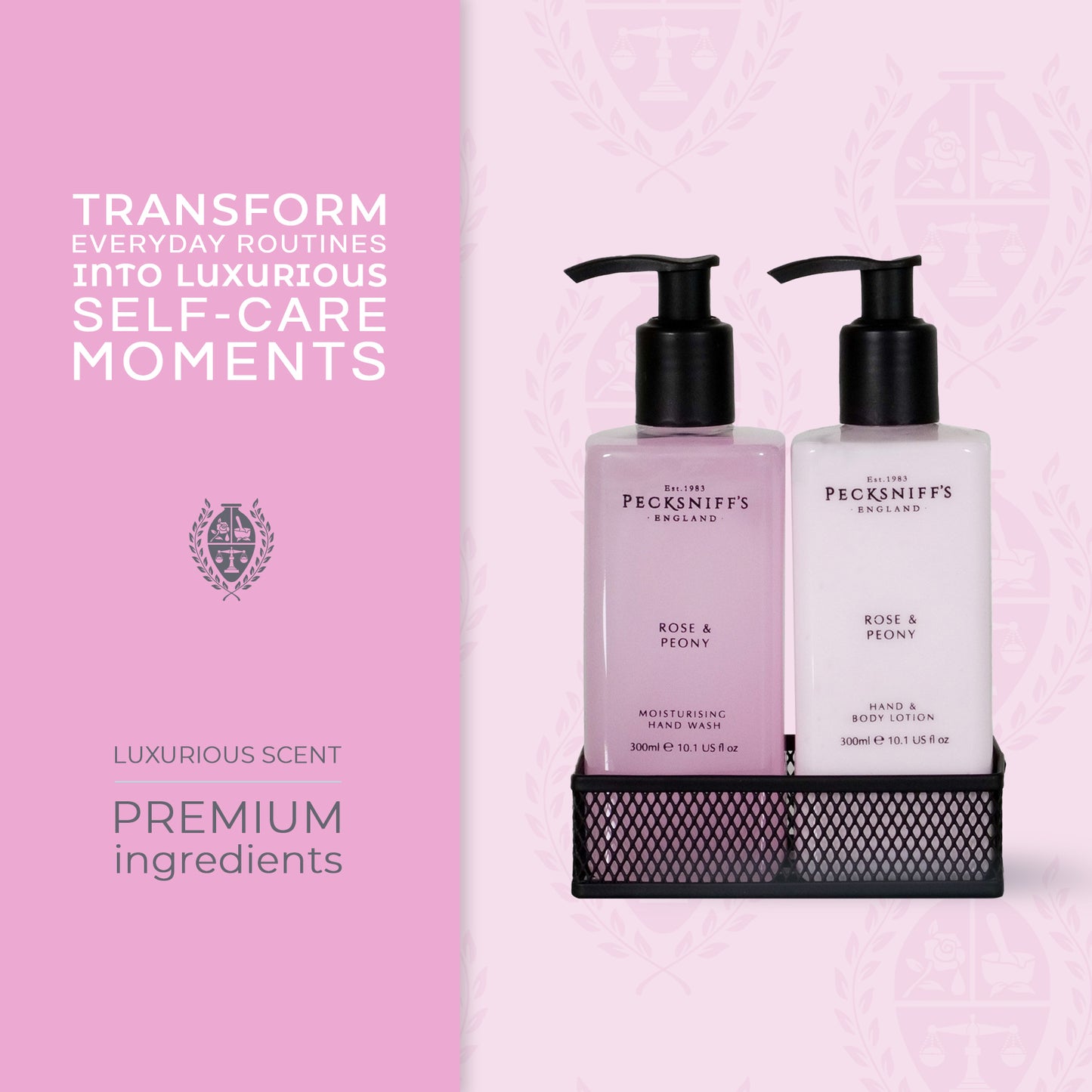 Pecksniff's Rose & Peony Moisturizing Hand Wash, Lotion & Caddy | 300ml/10.14 Fl oz