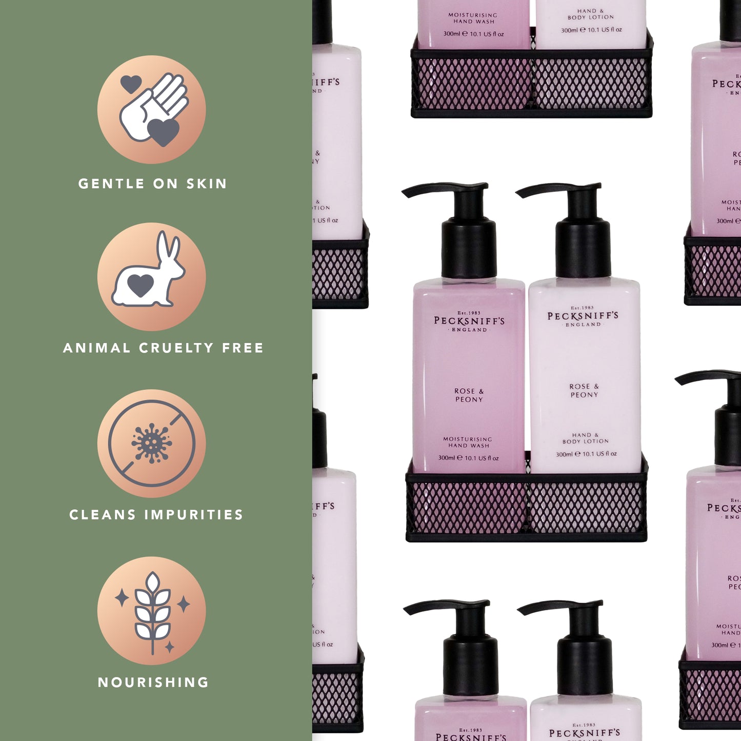 Pecksniff's Rose & Peony Moisturizing Hand Wash, Lotion & Caddy | 300ml/10.14 Fl oz