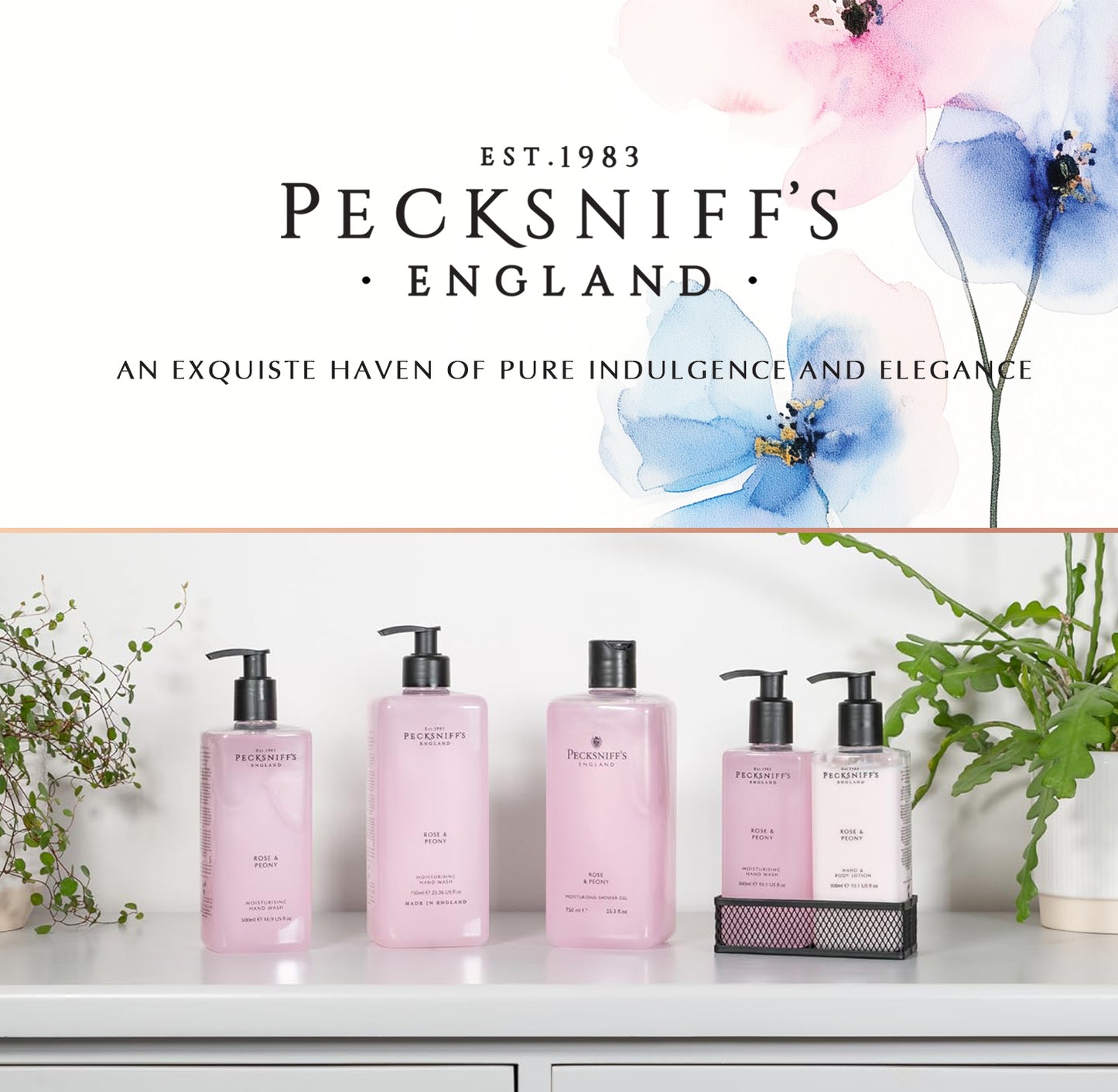 Pecksniff's Rose & Peony Moisturizing Hand Wash, Lotion & Caddy | 300ml/10.14 Fl oz