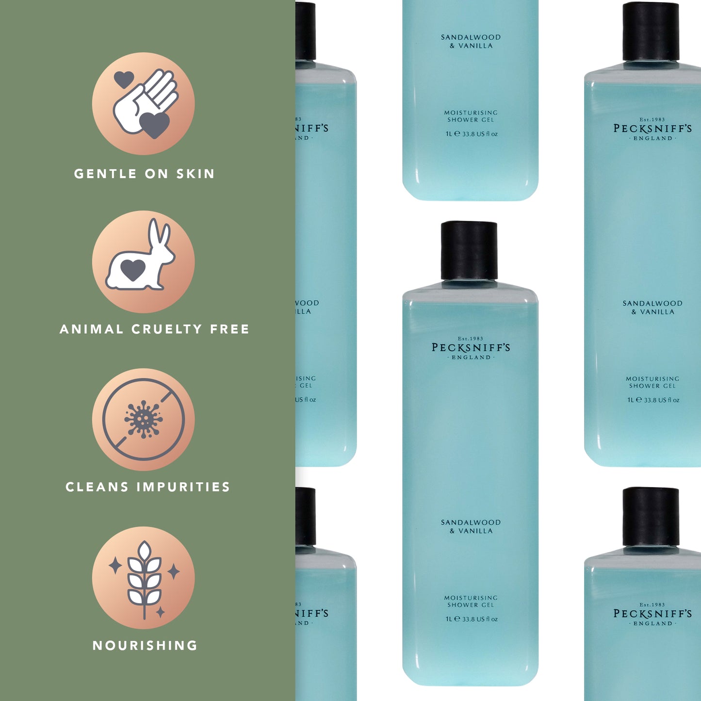 Pecksniffs Sandalwood & Vanilla Moisturizing Shower Gel | 1000 ml / 33.80 Fl Oz