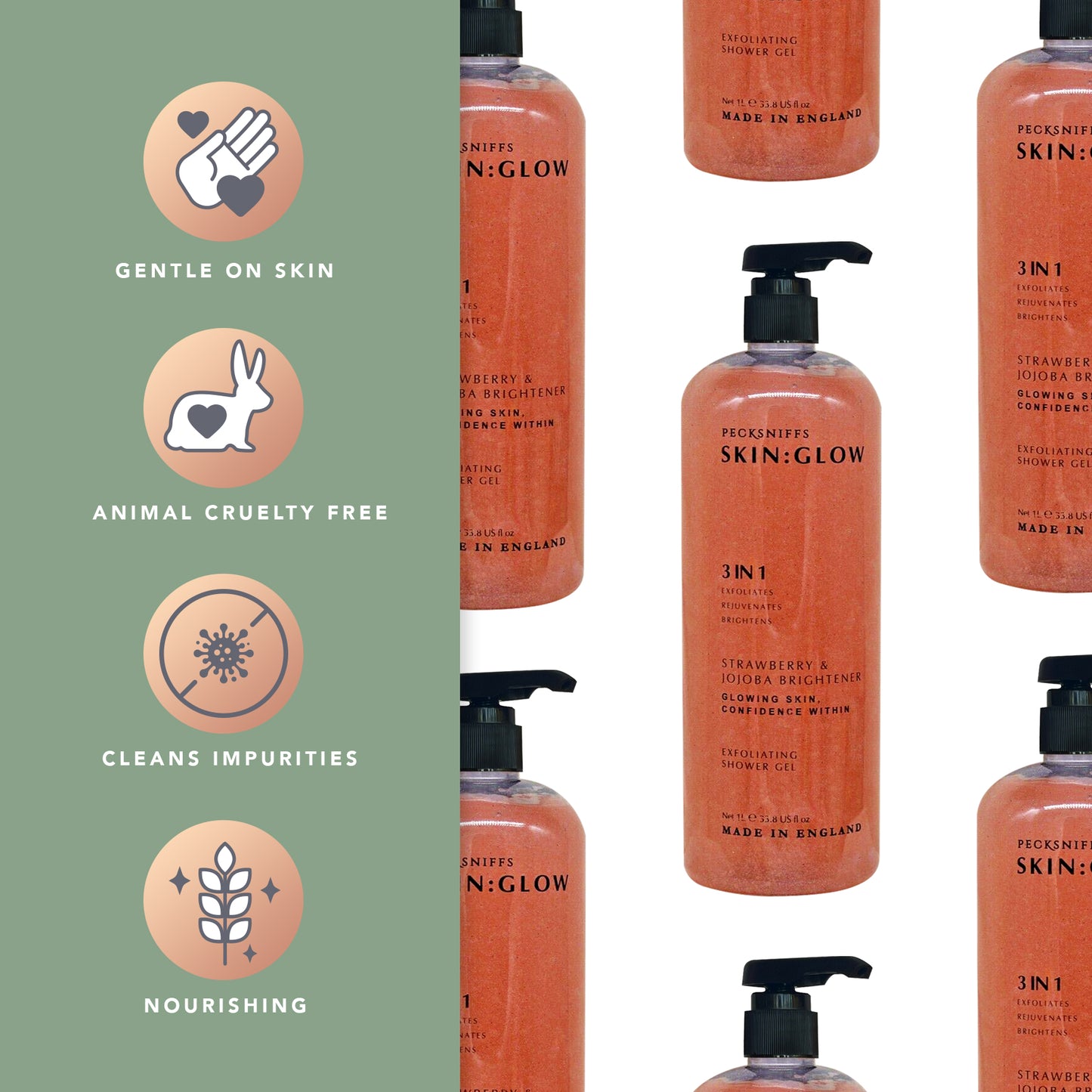 Pecksniffs Strawberry and Jojoba Brightener Exfoliating Shower Gel | 1000 ml / 33.80 Fl Oz