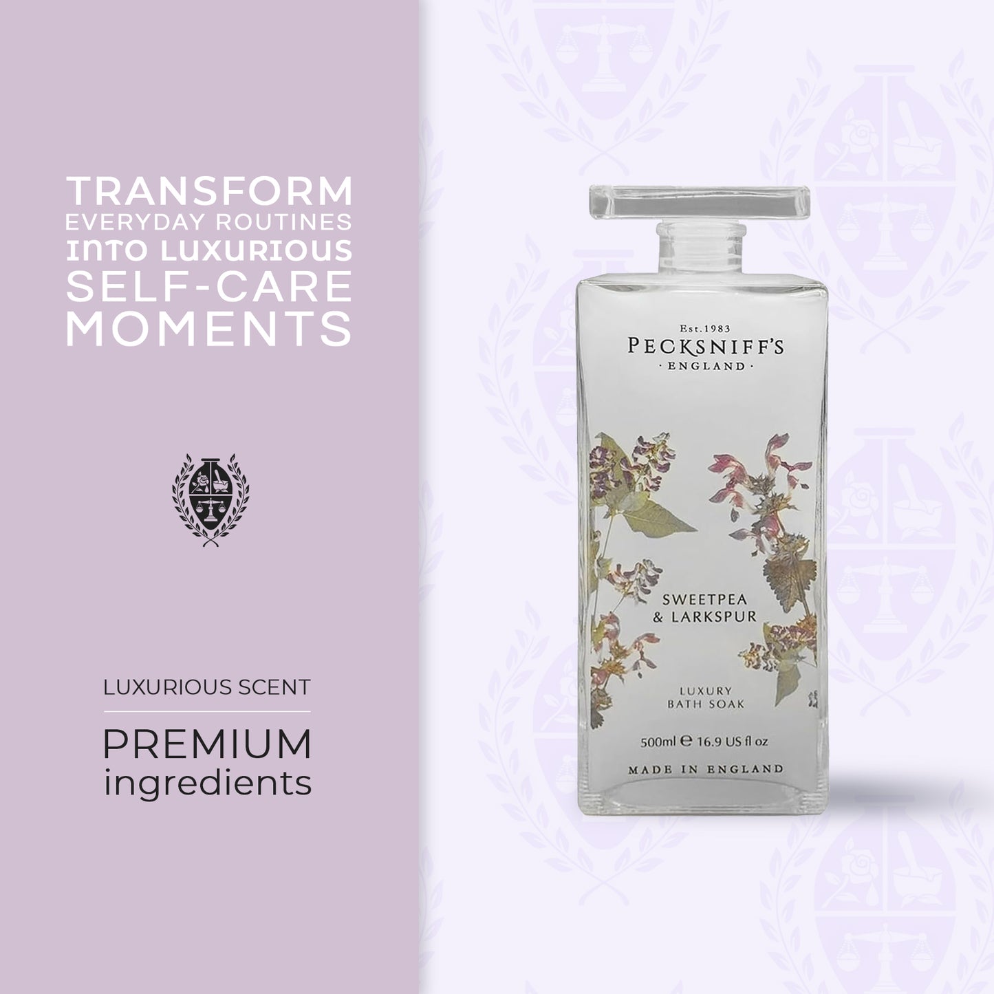 Pecksniffs Sweat Pea & Larkspur Bath Soak Decanter | 500ml/16.9 Fl Oz