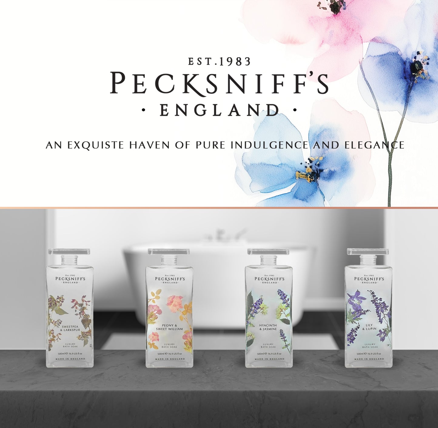 Pecksniffs Sweat Pea & Larkspur Bath Soak Decanter | 500ml/16.9 Fl Oz