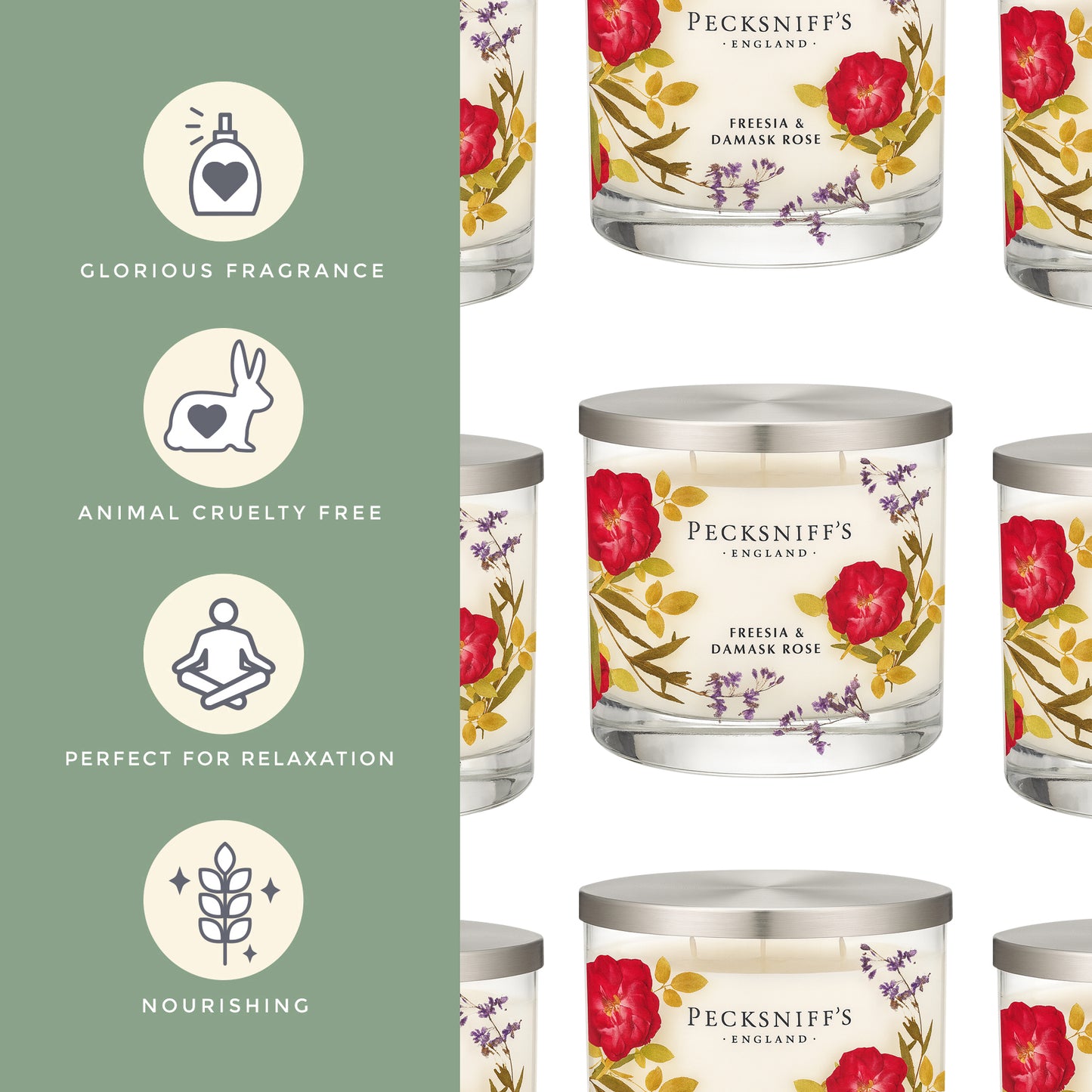 Pecksniff’s 3 Wick Candle – Freesia & Damask Rose, 550 g / 19.4 oz – Long Lasting Burn, Elegant Home Decor & Relaxing Ambiance