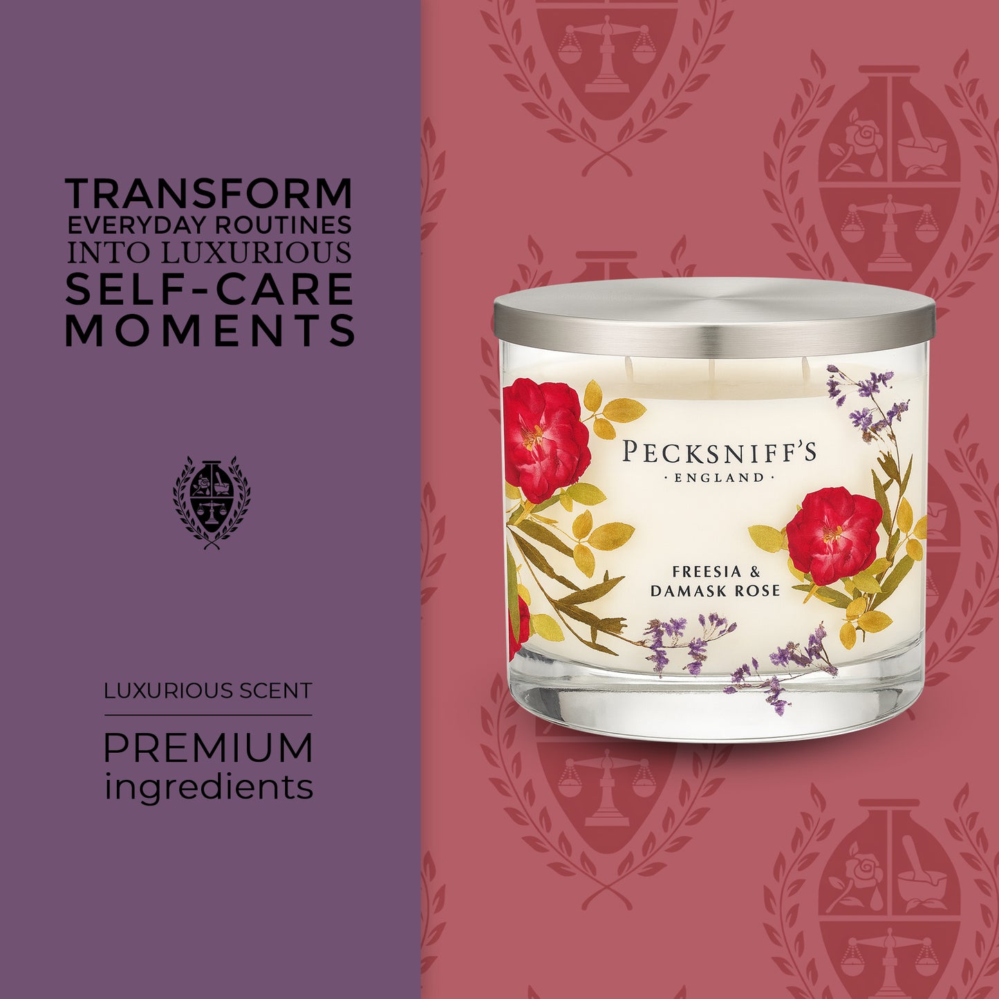 Pecksniff’s 3 Wick Candle – Freesia & Damask Rose, 550 g / 19.4 oz – Long Lasting Burn, Elegant Home Decor & Relaxing Ambiance