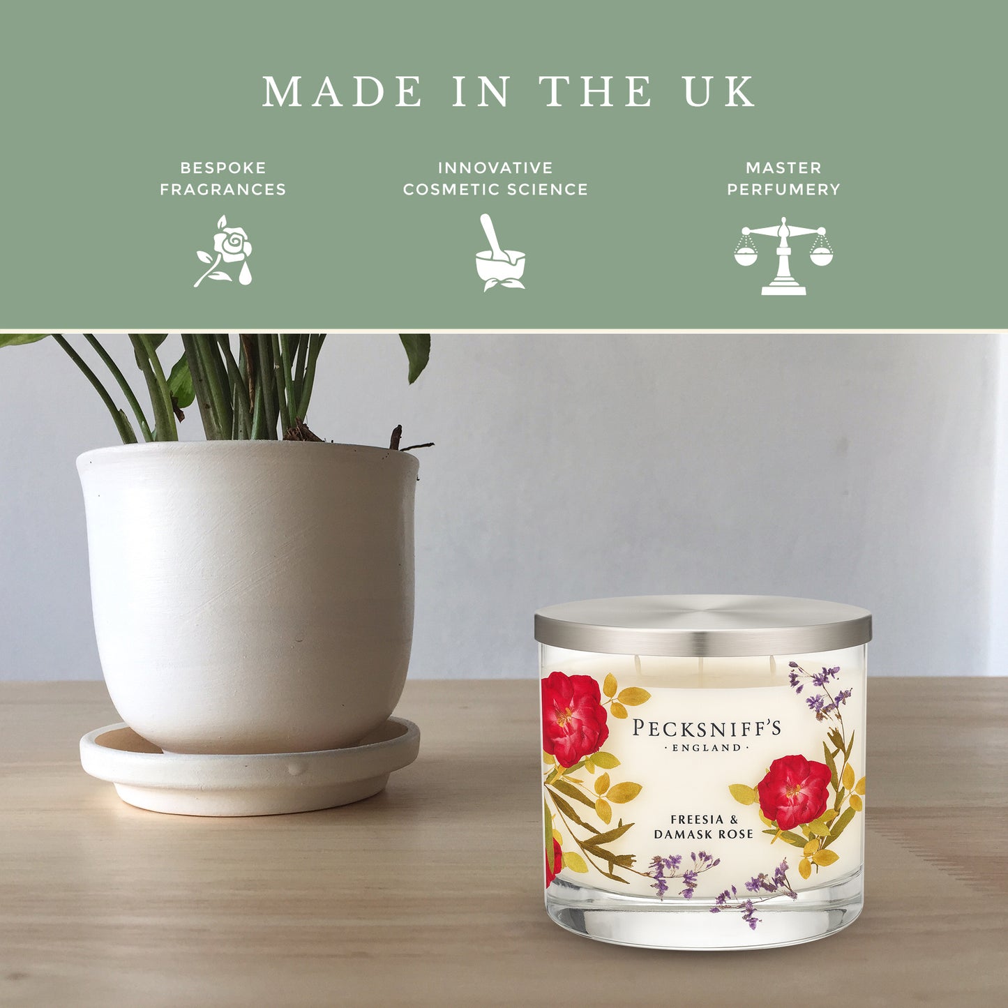Pecksniff’s 3 Wick Candle – Freesia & Damask Rose, 550 g / 19.4 oz – Long Lasting Burn, Elegant Home Decor & Relaxing Ambiance