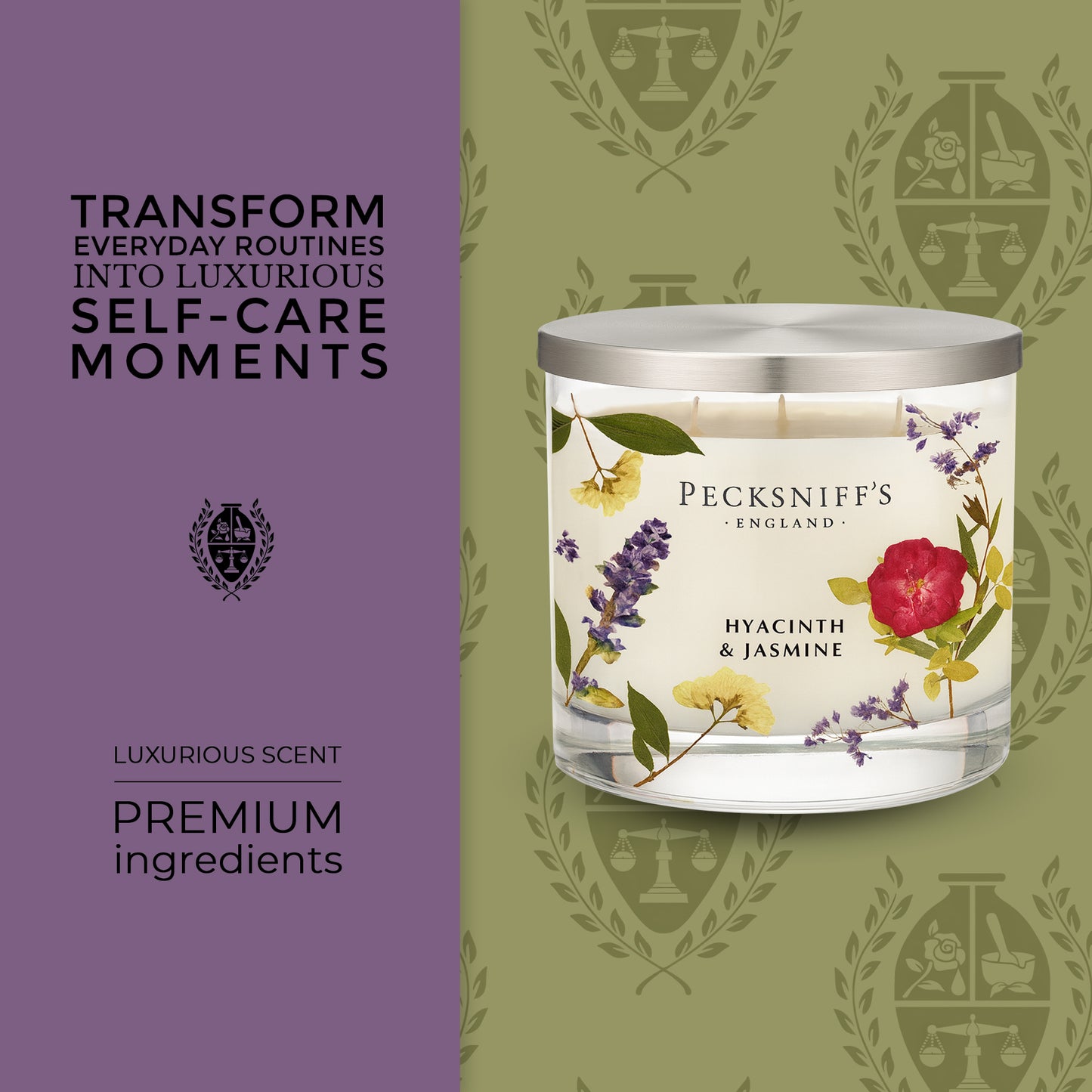 Pecksniff’s 3 Wick Candle – Jasmine & Hyacinth, 550 g / 19.4 oz – Long Lasting Burn, Elegant Home Decor & Relaxing Ambiance