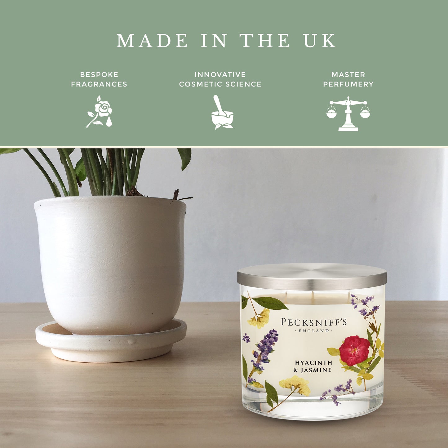 Pecksniff’s 3 Wick Candle – Jasmine & Hyacinth, 550 g / 19.4 oz – Long Lasting Burn, Elegant Home Decor & Relaxing Ambiance