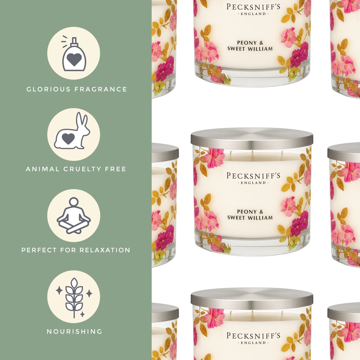 Pecksniff’s 3 Wick Candle – Peony & Sweet William, 550 g / 19.4 oz – Long Lasting Burn, Elegant Home Decor & Relaxing Ambiance