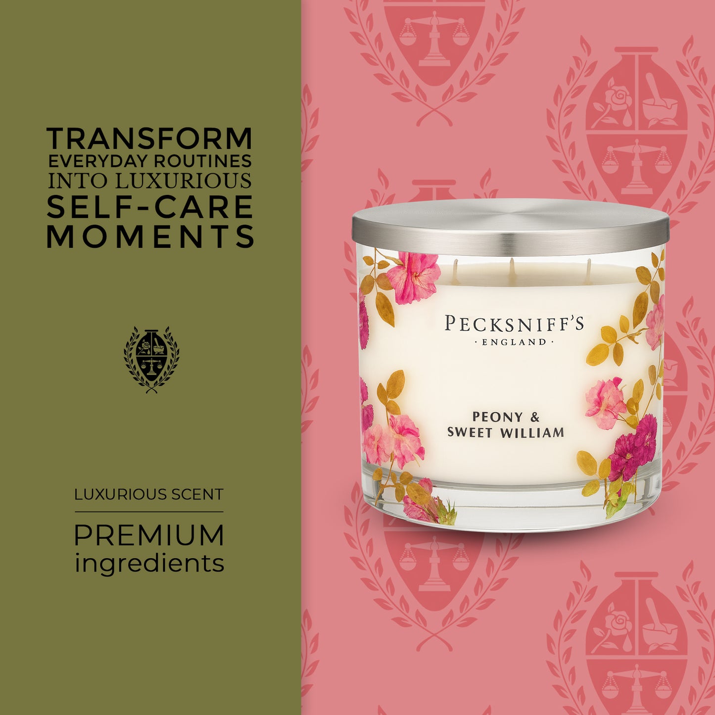 Pecksniff’s 3 Wick Candle – Peony & Sweet William, 550 g / 19.4 oz – Long Lasting Burn, Elegant Home Decor & Relaxing Ambiance