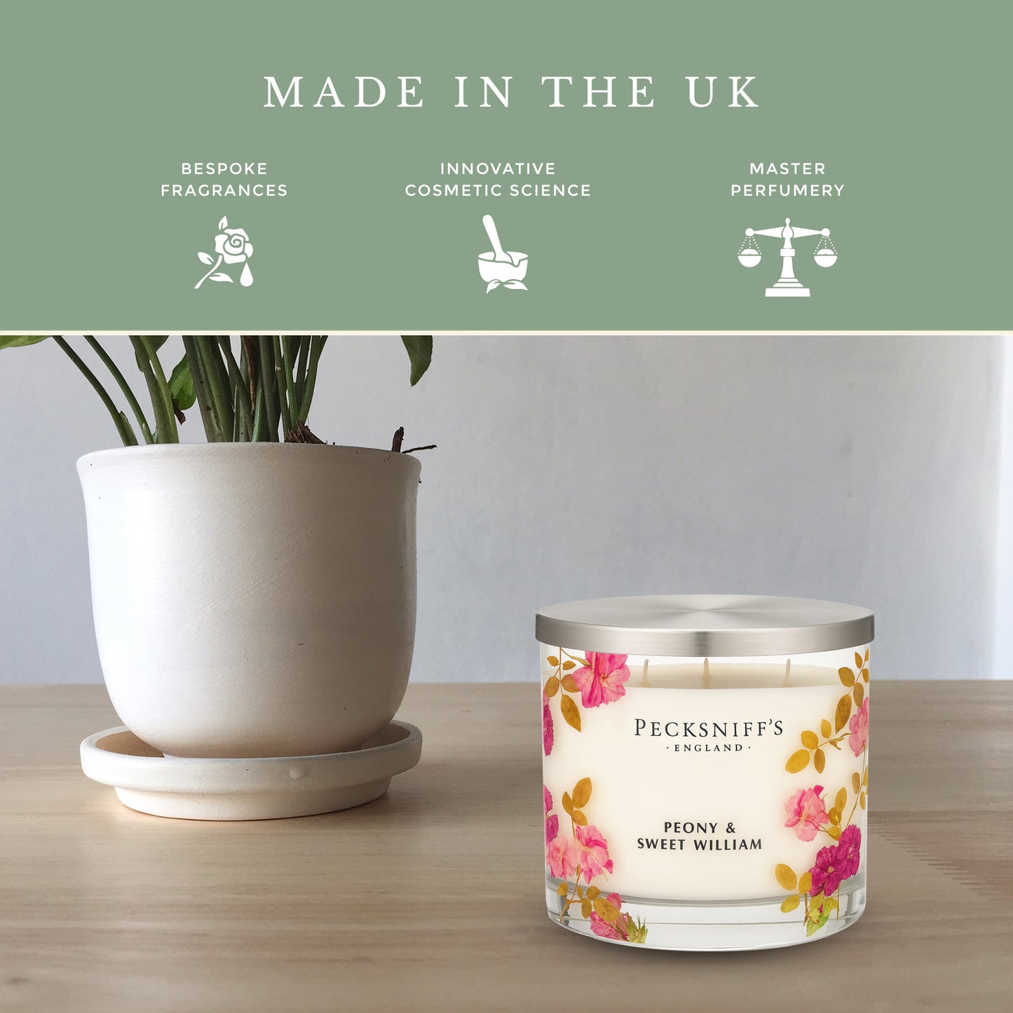 Pecksniff’s 3 Wick Candle – Peony & Sweet William, 550 g / 19.4 oz – Long Lasting Burn, Elegant Home Decor & Relaxing Ambiance