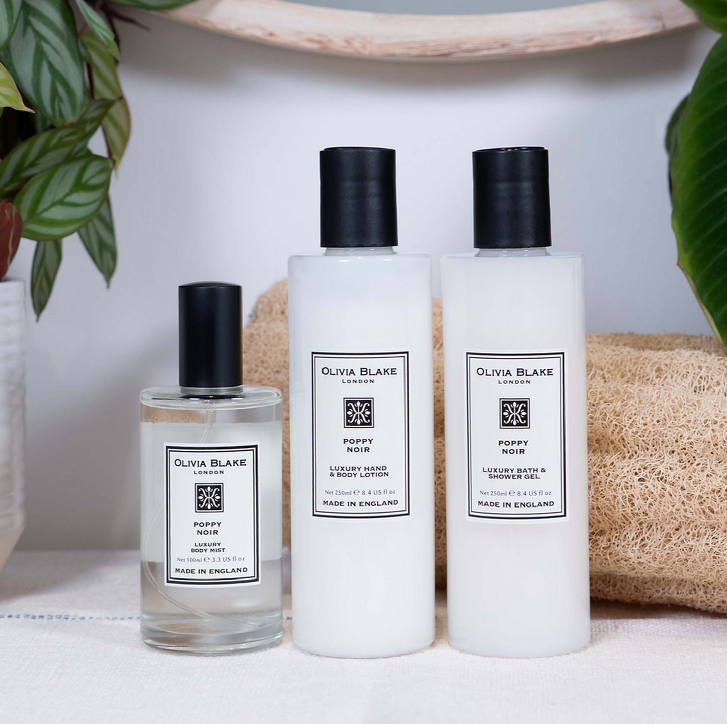 Olivia Blake Poppy Noir Trio Gift Set – 100 ml/3.38 fl oz Body Mist, 250 ml/8.45 fl oz Shower Gel, 250 ml/8.45 fl oz Body Lotion – Luxurious Everyday Essentials for Women
