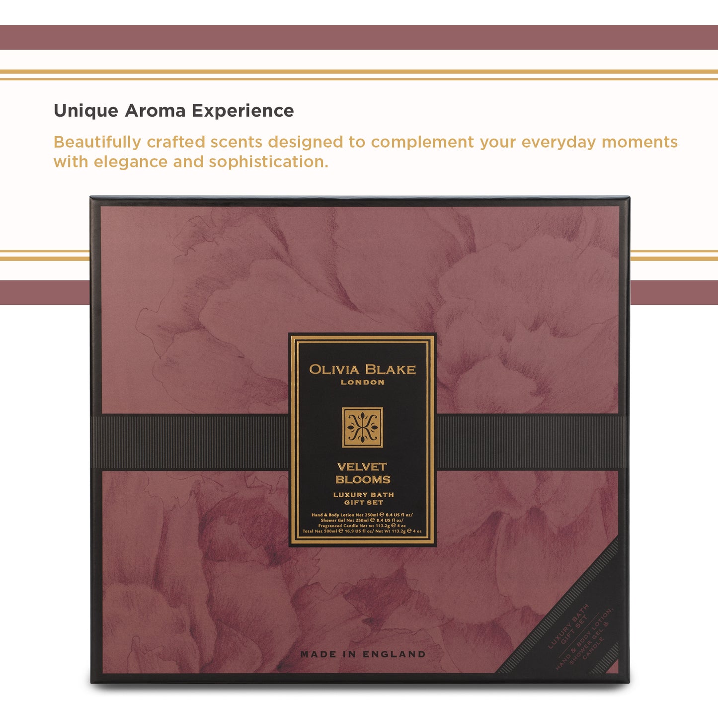 Olivia Blake Velvet Blooms Trio Gift Set – Luxury Bath & Shower Gel 250ml, Hand & Body Lotion 250ml, Fragranced Candle 100ml – Elegant Home & Body Collection, Made in London