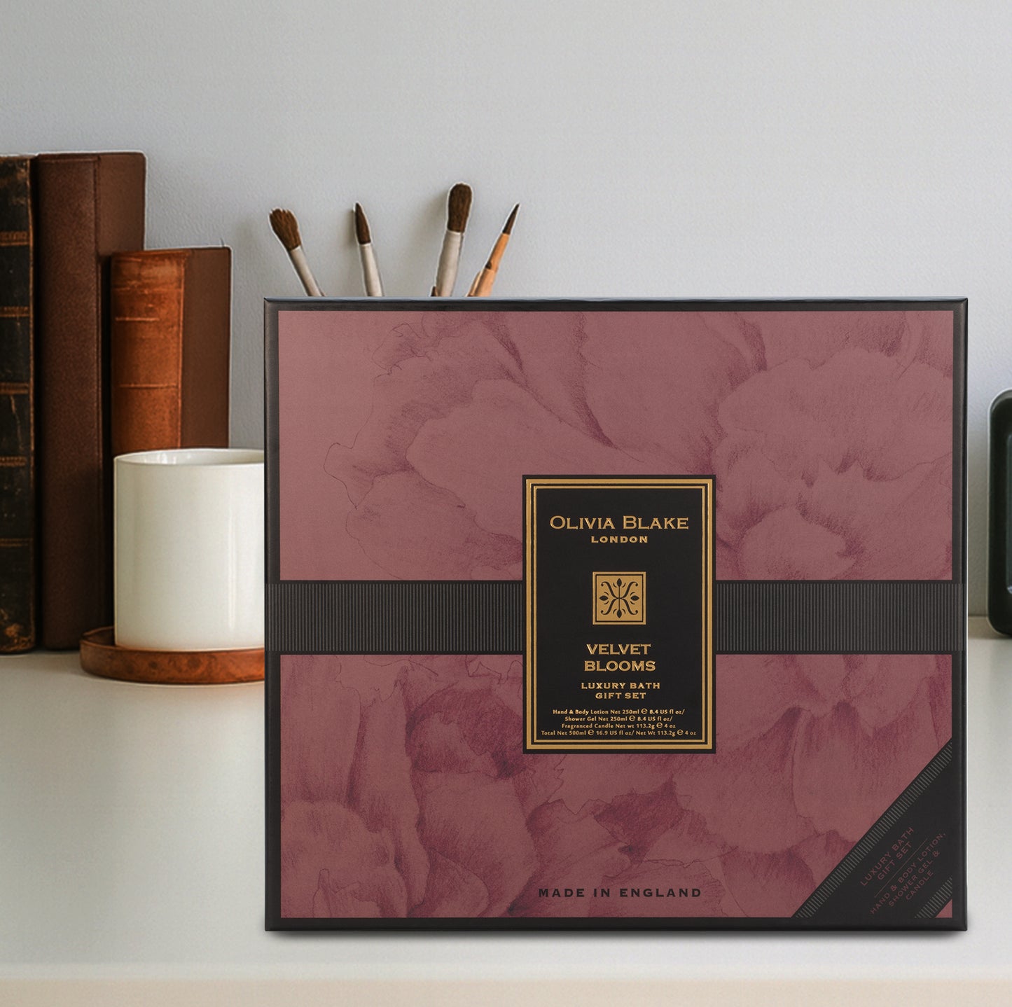 Olivia Blake Velvet Blooms Trio Gift Set – Luxury Bath & Shower Gel 250ml, Hand & Body Lotion 250ml, Fragranced Candle 100ml – Elegant Home & Body Collection, Made in London