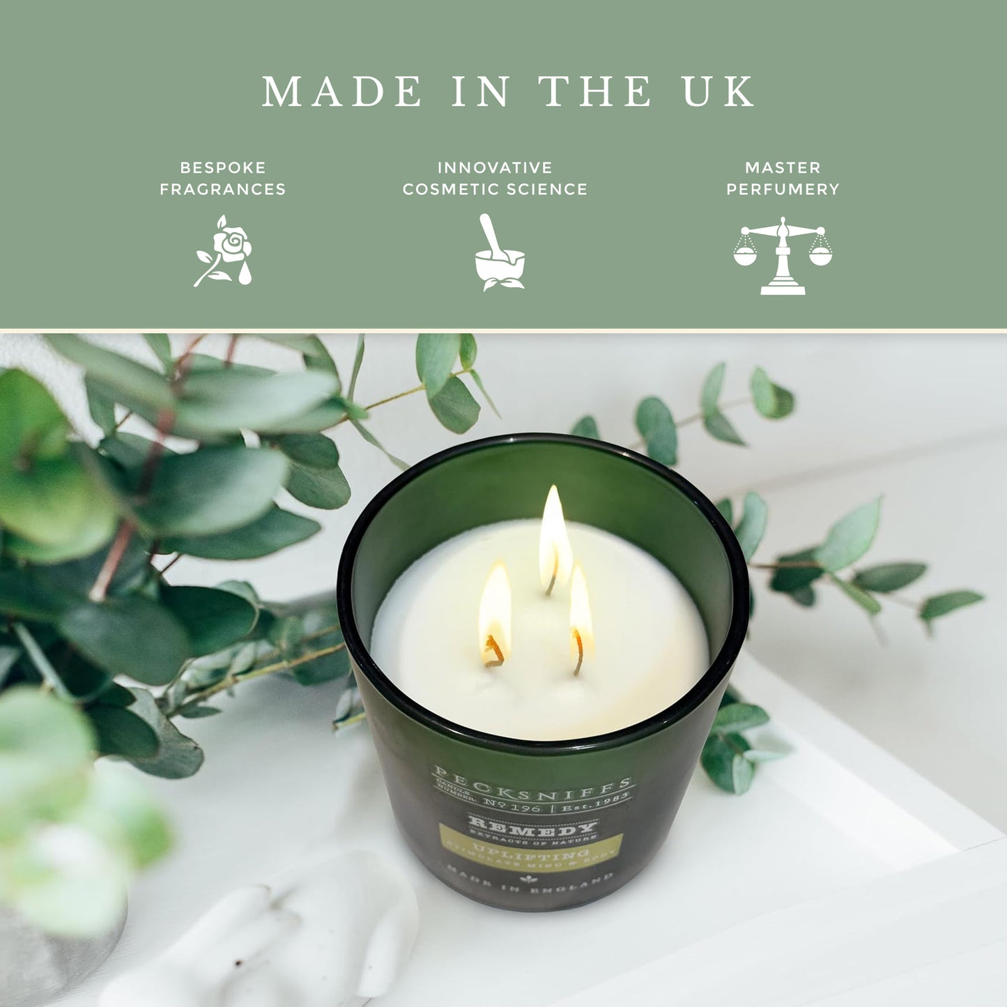 Pecksniffs Remedy Green Tall Uplifting Candle | 3 Wicks, 515g /18.16oz