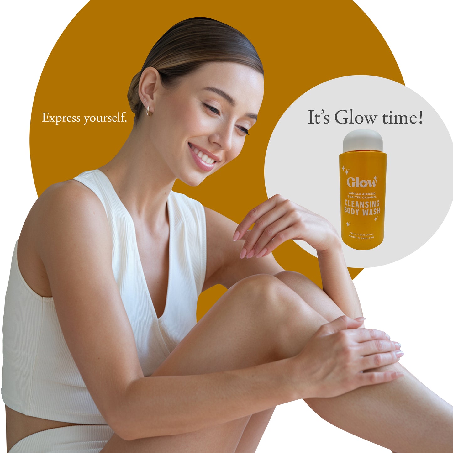 Glow Cleansing Body Wash – Vanilla Almond & Salted Caramel, 750 ml / 25.36 fl oz – Warm Nutty Fragrance, Skin-Softening Formula, Made in England