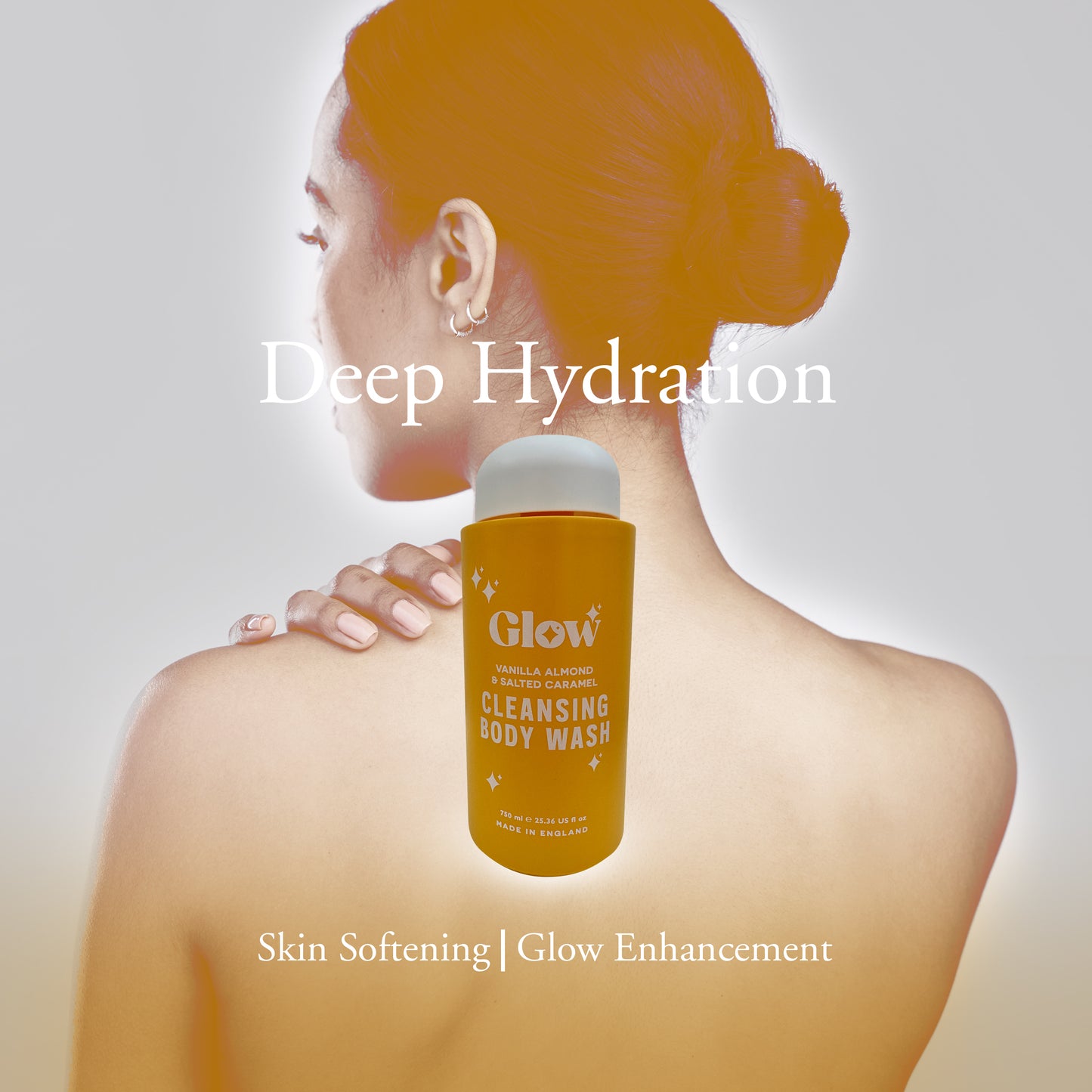 Glow Cleansing Body Wash – Vanilla Almond & Salted Caramel, 750 ml / 25.36 fl oz – Warm Nutty Fragrance, Skin-Softening Formula, Made in England