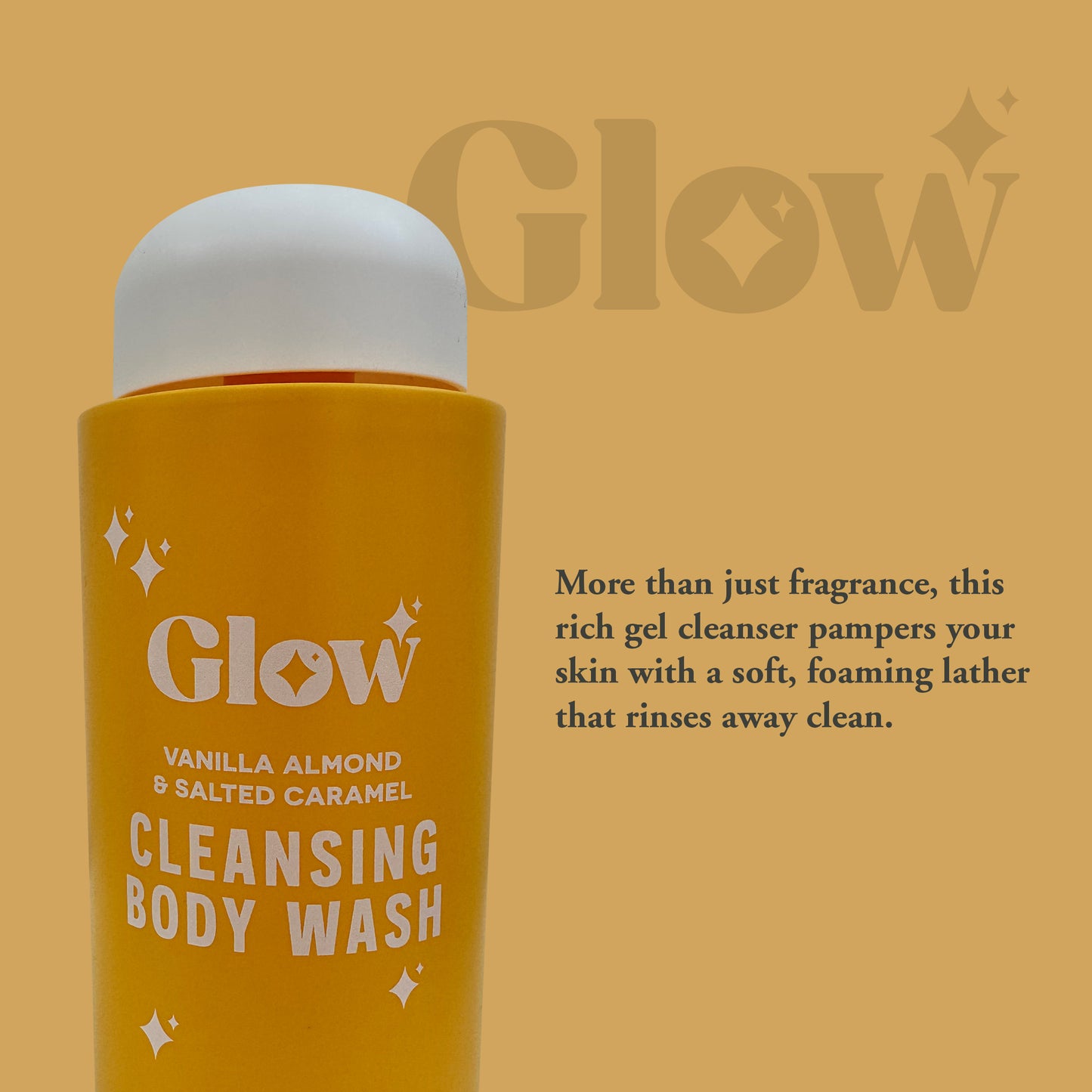 Glow Cleansing Body Wash – Vanilla Almond & Salted Caramel, 750 ml / 25.36 fl oz – Warm Nutty Fragrance, Skin-Softening Formula, Made in England