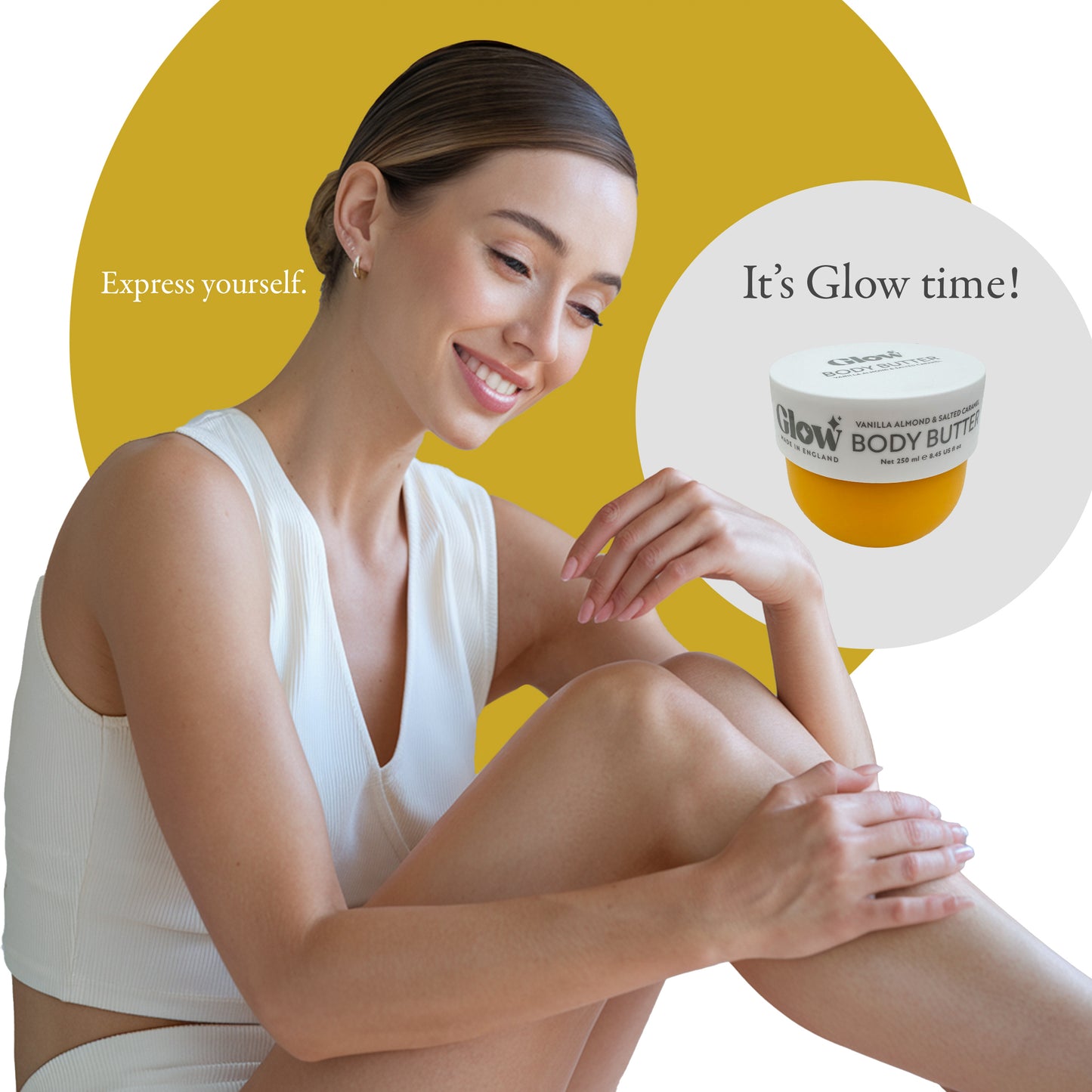 Glow Body Butter, Vanilla Almond & Salted Caramel, 250 ml / 8.45 fl oz, Made in England