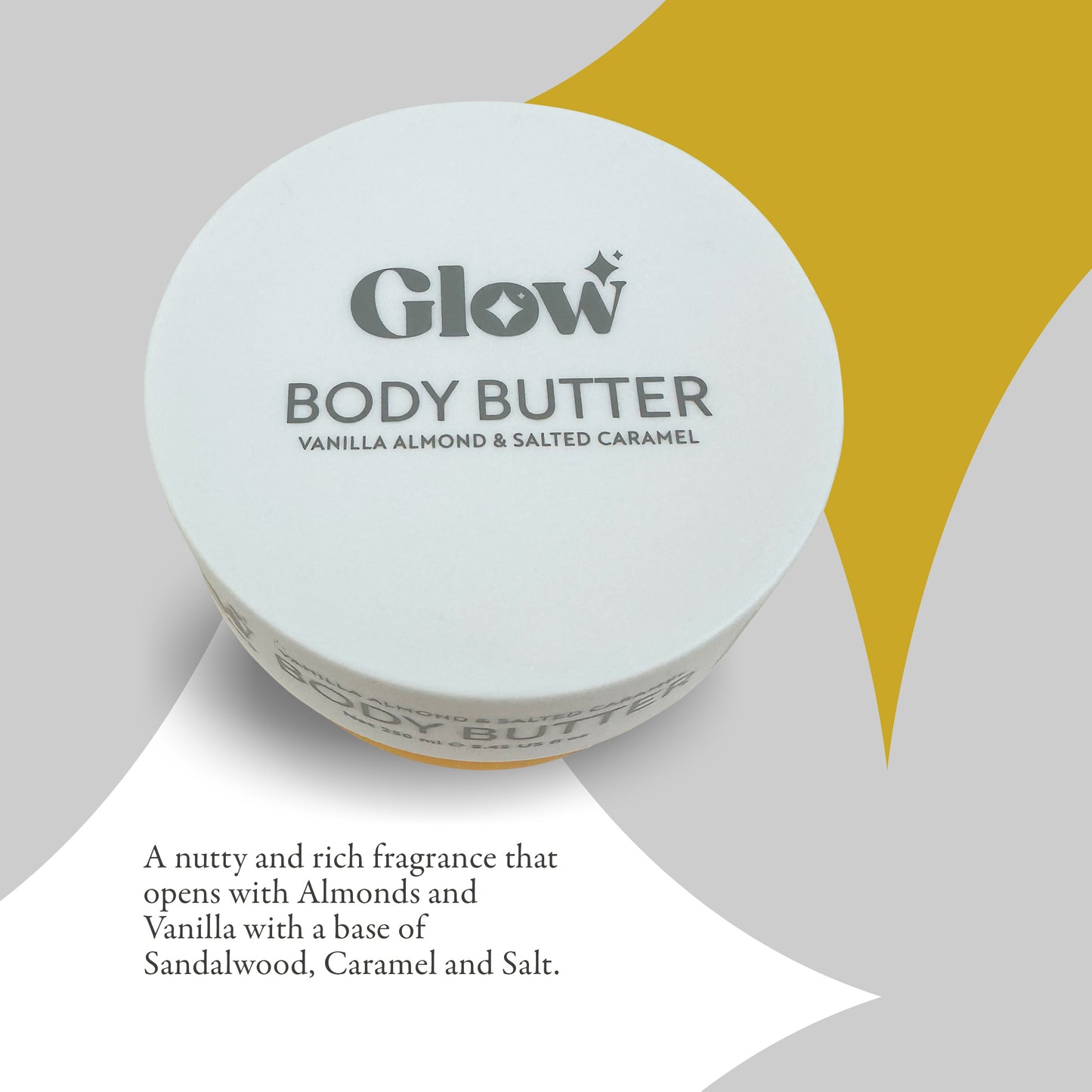 Glow Body Butter, Vanilla Almond & Salted Caramel, 250 ml / 8.45 fl oz, Made in England