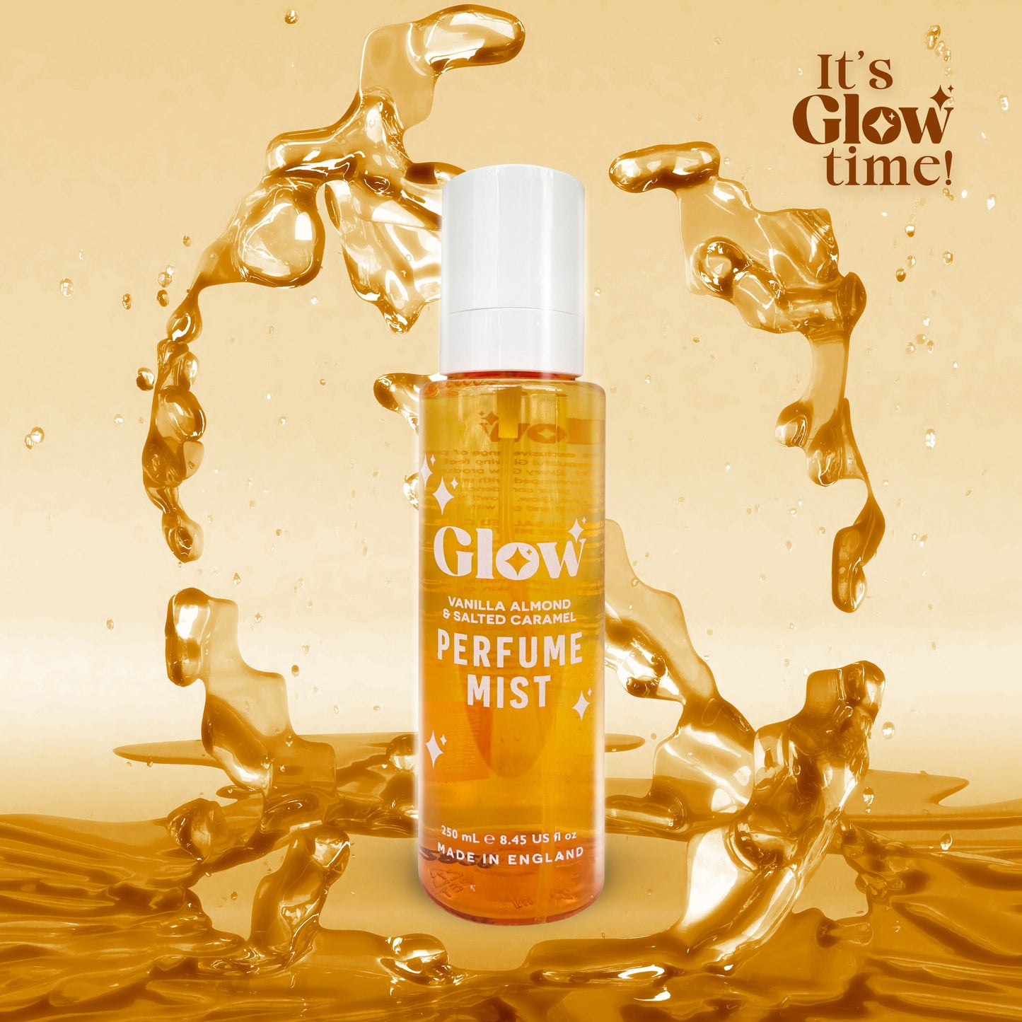Glow Perfume Mist, Vanilla Almond & Salted Caramel Body Spray, 250 ml / 8.45 fl oz, Made in England