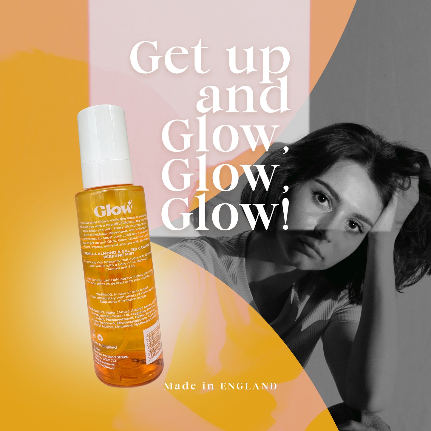 Glow Perfume Mist, Vanilla Almond & Salted Caramel Body Spray, 250 ml / 8.45 fl oz, Made in England