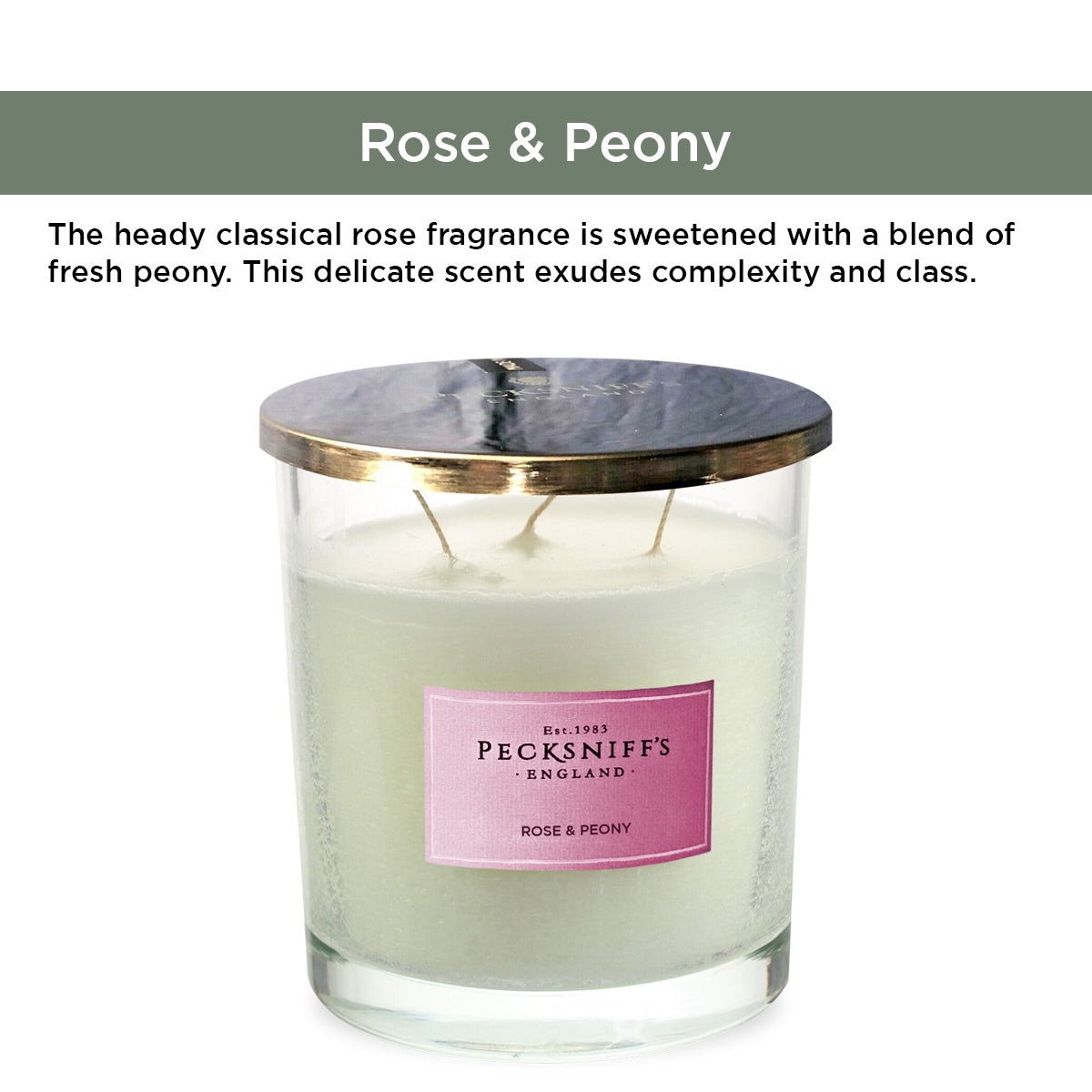 Pecksniffs Classic Rose & Peony Scented Candle | 3 Wicks, 550g/19.4oz