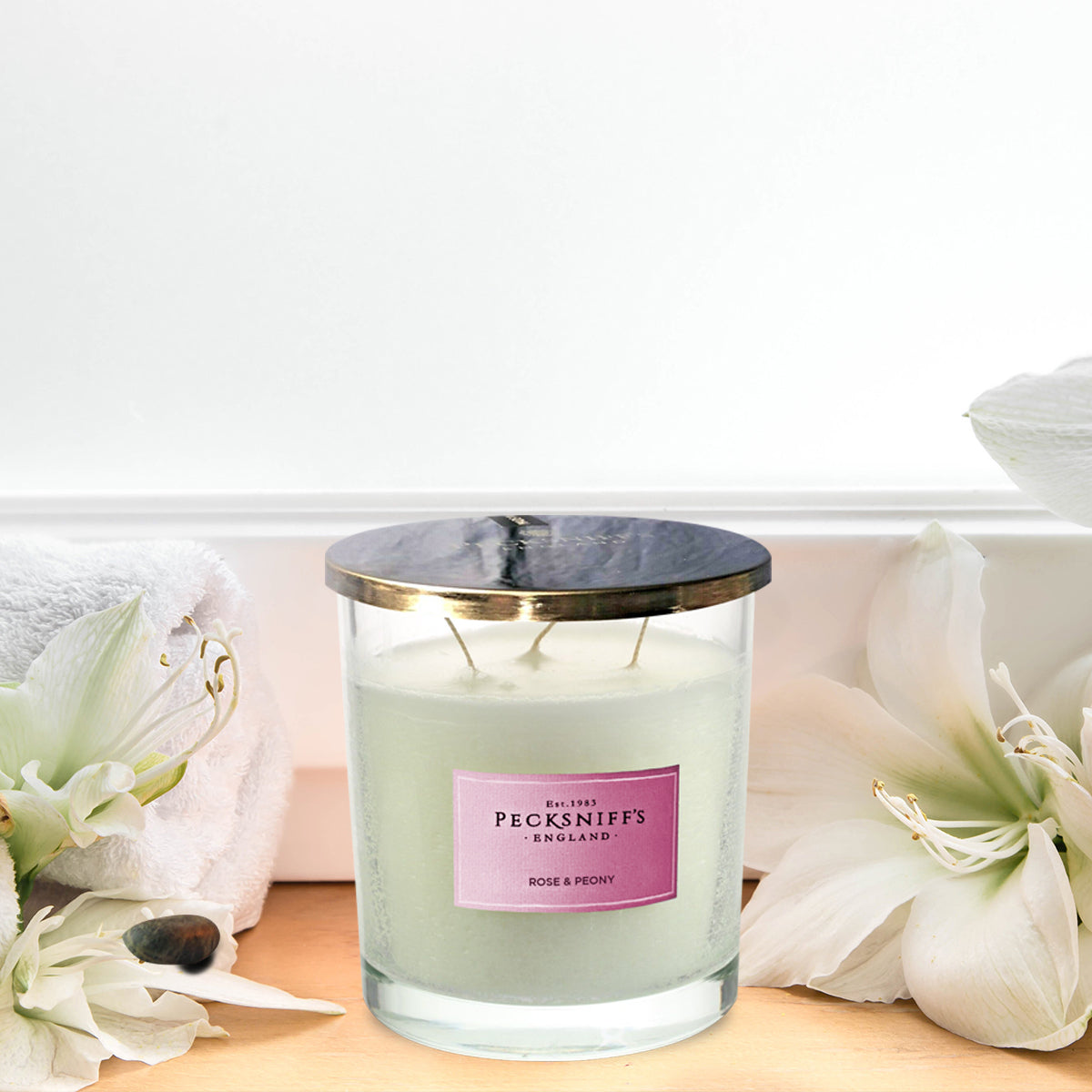 Pecksniffs Classic Rose & Peony Scented Candle | 3 Wicks, 550g/19.4oz