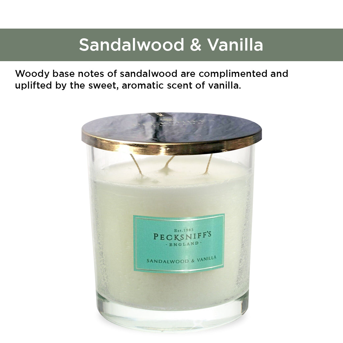 Pecksniffs Classic Sandalwood & Vanilla Scented Candle | 3 Wicks, 550g/19.4oz