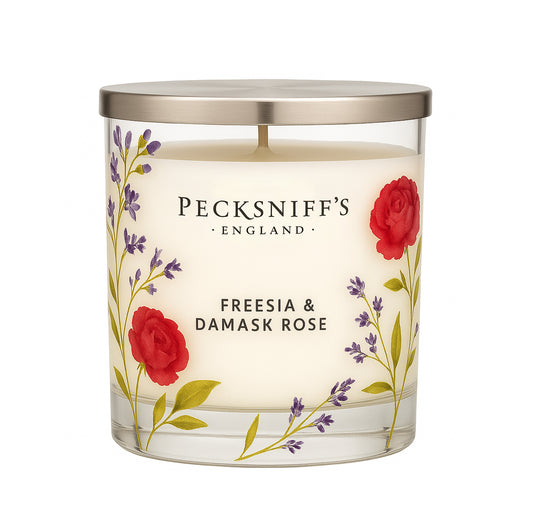 Pecksniff’s 1 Wick Candle – Freesia & Damask Rose, 184 g / 6.49 oz – Long Lasting Burn, Elegant Home Decor & Relaxing Ambiance