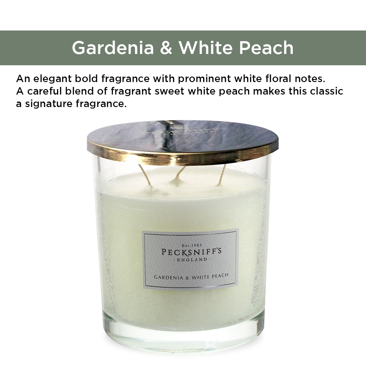 Pecksniffs Classic Gardenia & White Peach Scented Candle | 3 Wicks, 550g/19.4oz