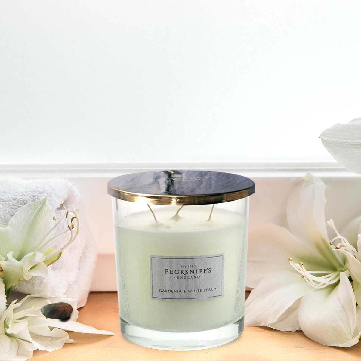 Pecksniffs Classic Gardenia & White Peach Scented Candle | 3 Wicks, 550g/19.4oz