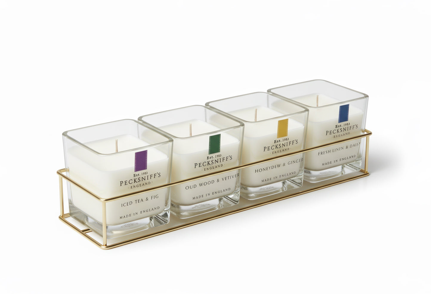 Pecksniff’s Candle Gift Set – Premium Single Wick Candles in Metal Caddy, Handcrafted in England, 4 Scents, 70g Each (Set of 4) – Iced Tea & Fig, Oudwood Vetiver, Honeydew Ginger, Fresh Linen Daisy