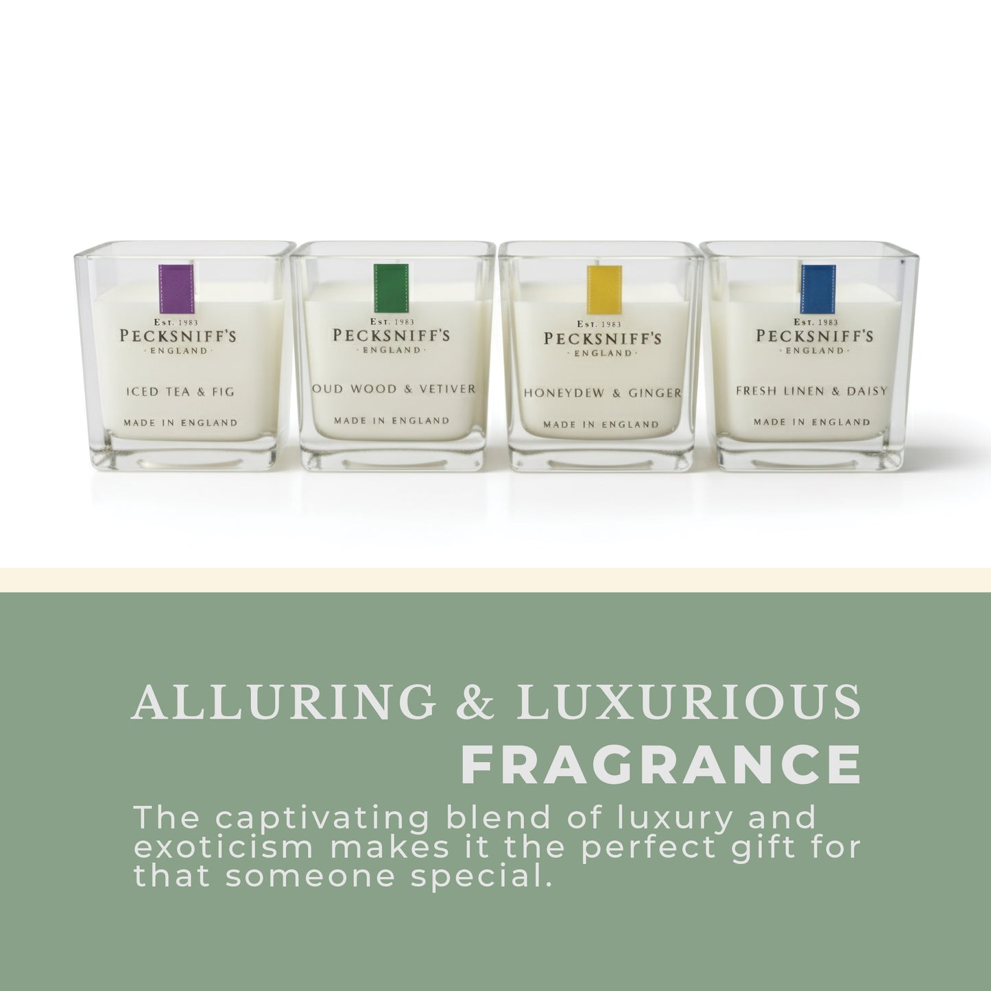 Pecksniff’s Candle Gift Set – Premium Single Wick Candles in Metal Caddy, Handcrafted in England, 4 Scents, 70g Each (Set of 4) – Iced Tea & Fig, Oudwood Vetiver, Honeydew Ginger, Fresh Linen Daisy