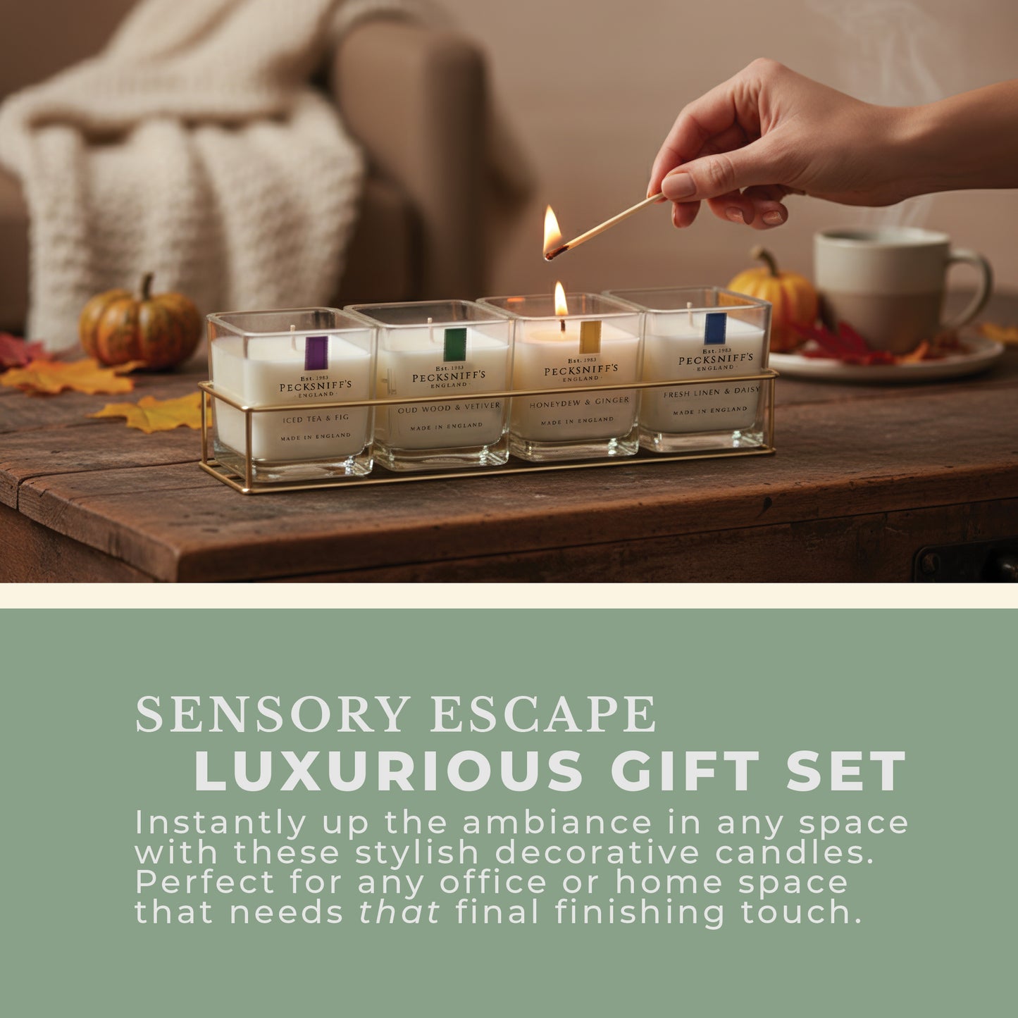 Pecksniff’s Candle Gift Set – Premium Single Wick Candles in Metal Caddy, Handcrafted in England, 4 Scents, 70g Each (Set of 4) – Iced Tea & Fig, Oudwood Vetiver, Honeydew Ginger, Fresh Linen Daisy