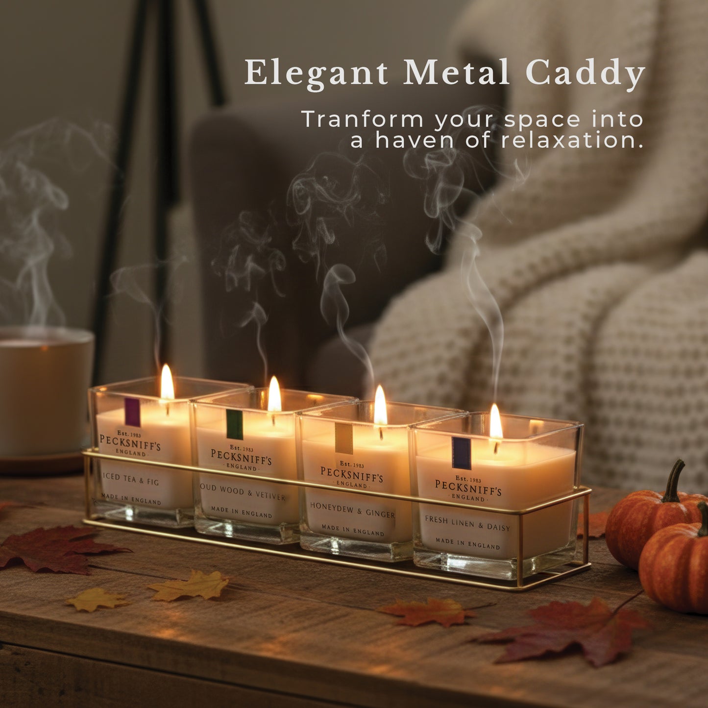 Pecksniff’s Candle Gift Set – Premium Single Wick Candles in Metal Caddy, Handcrafted in England, 4 Scents, 70g Each (Set of 4) – Iced Tea & Fig, Oudwood Vetiver, Honeydew Ginger, Fresh Linen Daisy