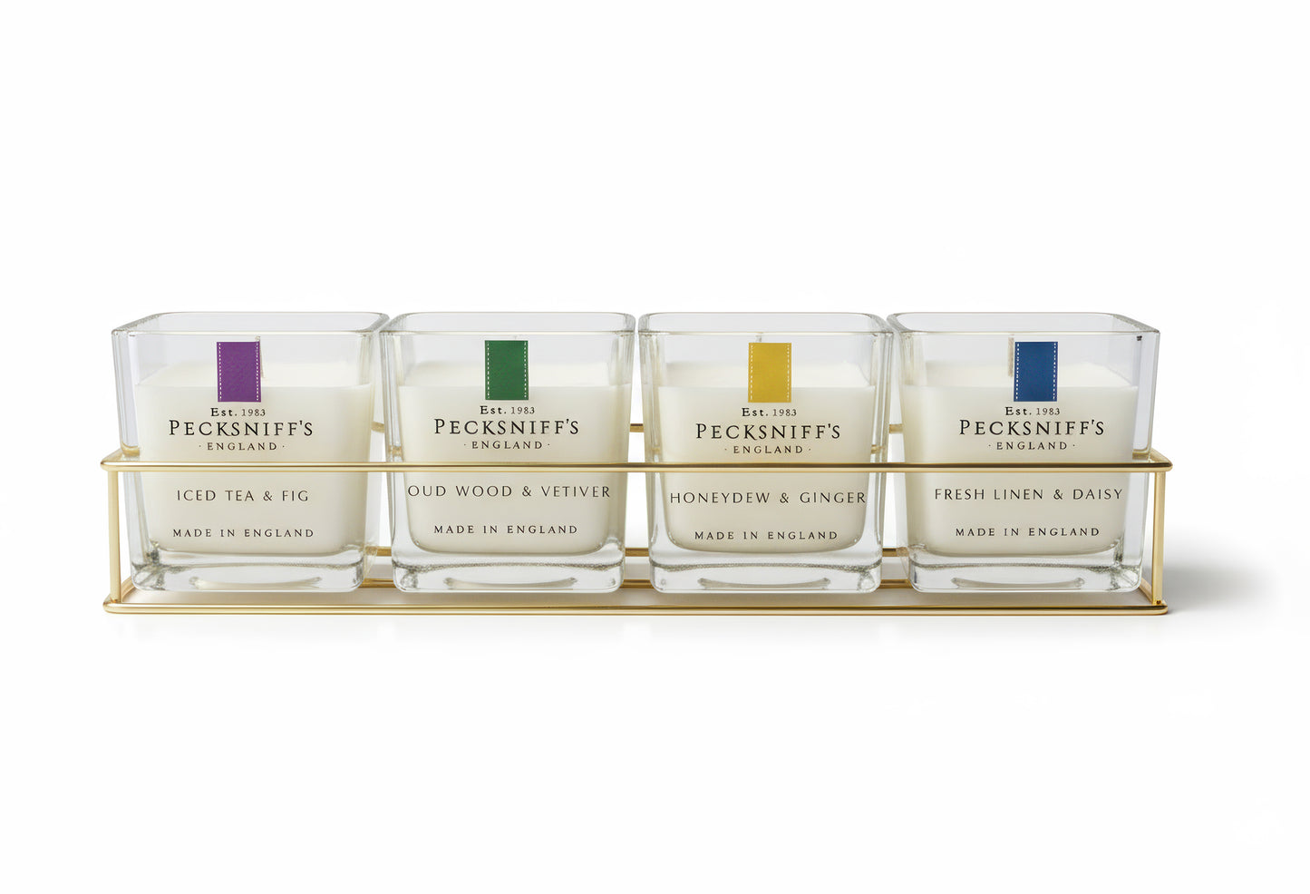Pecksniff’s Candle Gift Set – Premium Single Wick Candles in Metal Caddy, Handcrafted in England, 4 Scents, 70g Each (Set of 4) – Iced Tea & Fig, Oudwood Vetiver, Honeydew Ginger, Fresh Linen Daisy