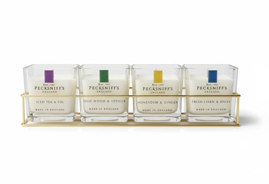 Pecksniff’s Candle Gift Set – Premium Single Wick Candles in Metal Caddy, Handcrafted in England, 4 Scents, 70g Each (Set of 4) – Iced Tea & Fig, Oudwood Vetiver, Honeydew Ginger, Fresh Linen Daisy