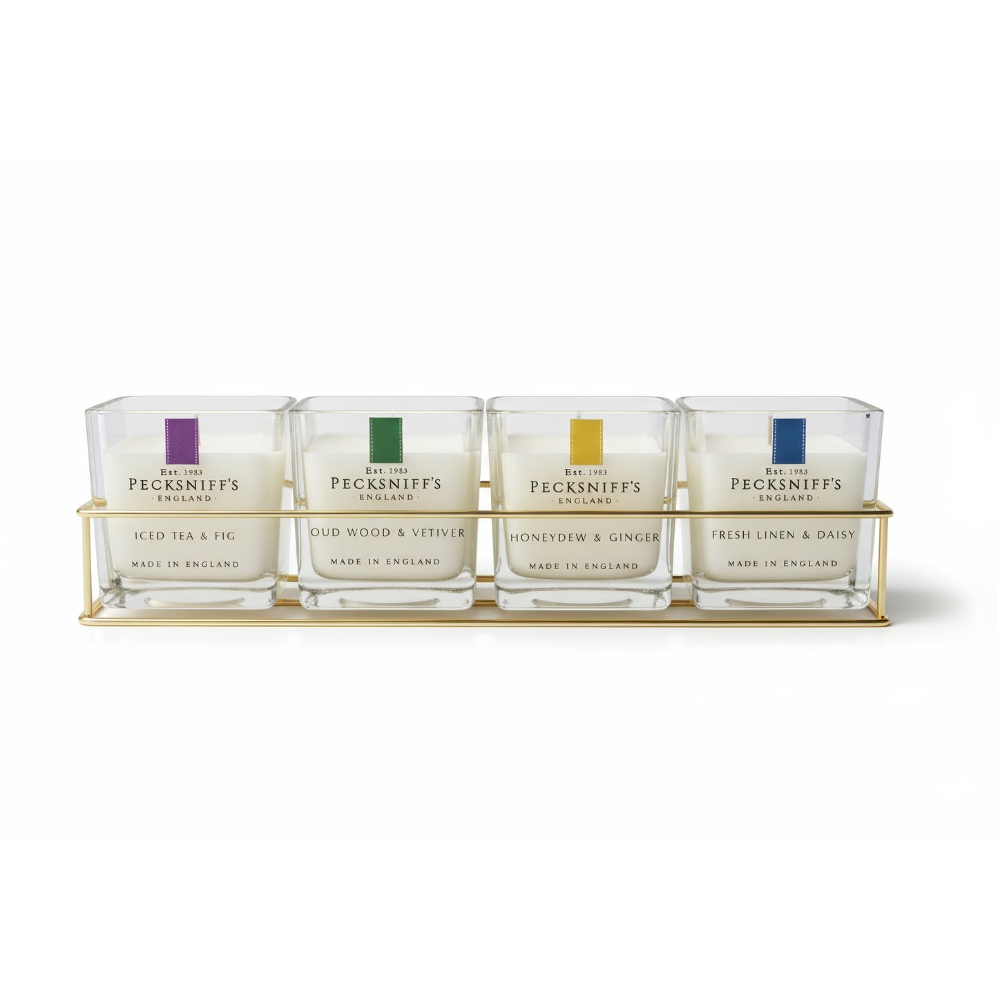 Pecksniff’s Candle Gift Set – Premium Single Wick Candles in Metal Caddy, Handcrafted in England, 4 Scents, 70g Each (Set of 4) – Iced Tea & Fig, Oudwood Vetiver, Honeydew Ginger, Fresh Linen Daisy