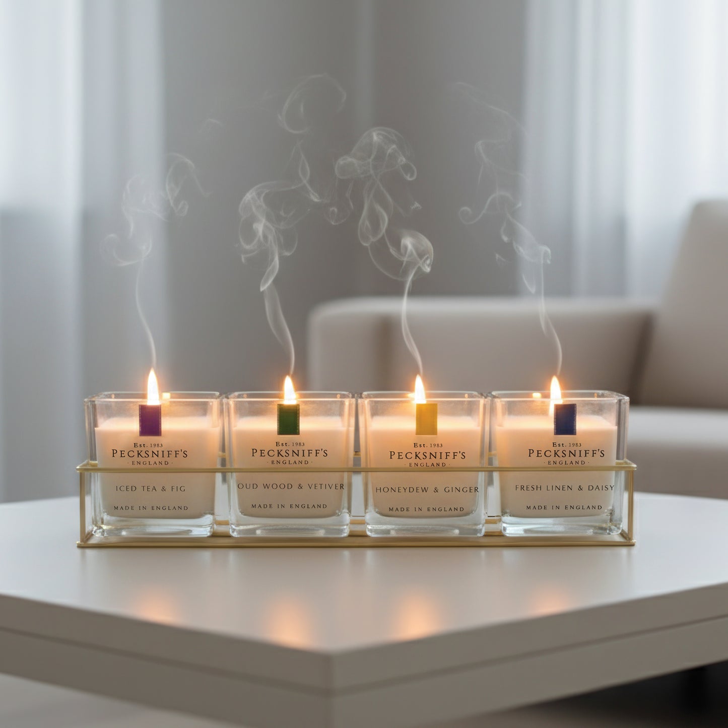 Pecksniff’s Candle Gift Set – Premium Single Wick Candles in Metal Caddy, Handcrafted in England, 4 Scents, 70g Each (Set of 4) – Iced Tea & Fig, Oudwood Vetiver, Honeydew Ginger, Fresh Linen Daisy