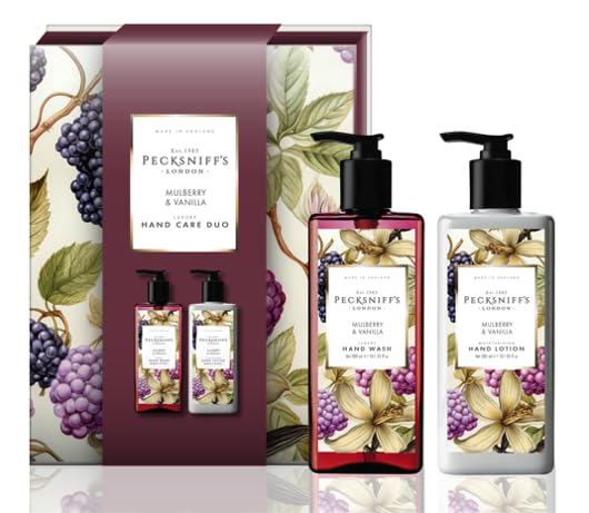 Pecksniff’s Wildwood Hand Care Duo – Mulberry & Vanilla Hand Wash & Hand & Body Lotion Gift Set, 2 x 300ml, Luxury Skincare Collection with Reusable Tin