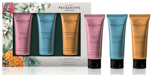 Pecksniff’s Hand Cream Collection – 3 Piece Gift Set, Moisturizing Hand Cream 100ml Tubes – Rose & Peony, Sandalwood & Vanilla, Ginger Flower & Patchouli – Luxury Skincare Gift for Women & Men