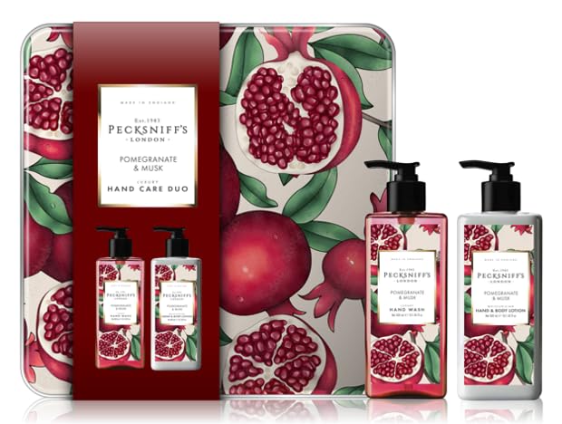 Pecksniff’s Enchanted Winter Hand Care Duo – Pomegranate & Musk Hand Wash 300ml and Hand & Body Lotion 300ml in Reusable Tin Gift Set