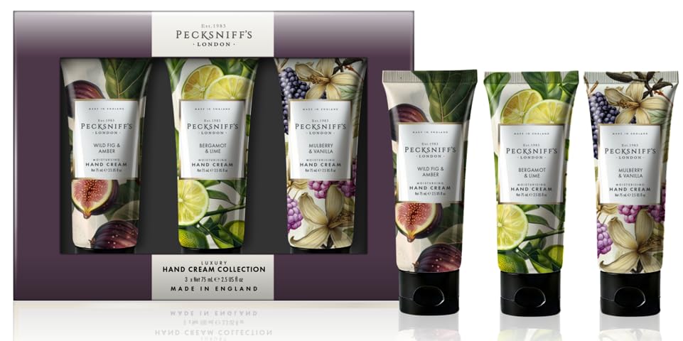 Pecksniff’s Luxury Hand Cream Gift Set – Wildwood Collection, 3 x 100ml Moisturizing Hand Creams – Wild Fig & Amber, Bergamot & Lime, Mulberry & Vanilla – Made in England Skincare for Women & Men
